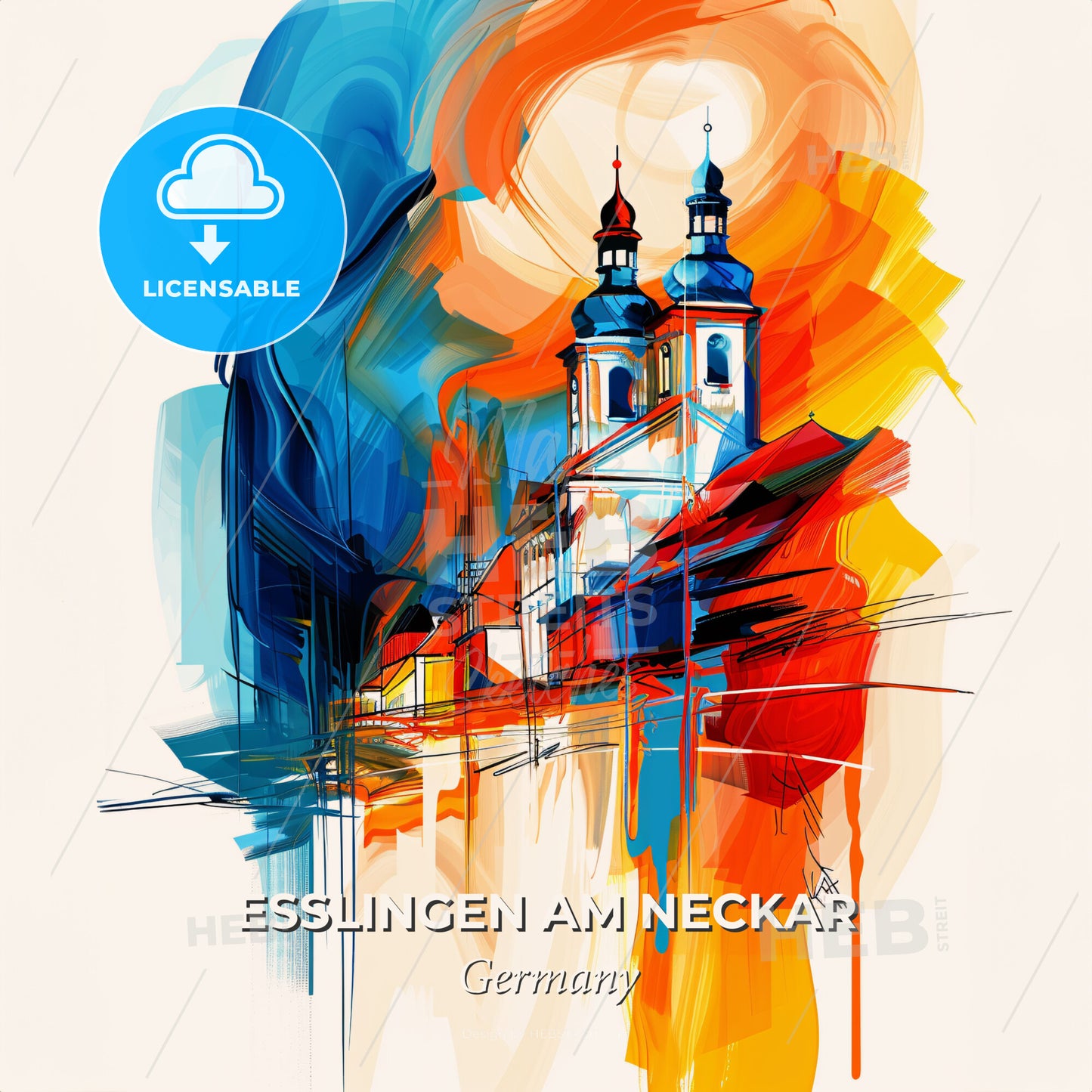 Vibrant Esslingen Am Neckar, Germany - A Painting Of A Building With A Colorful Background - Square format print template