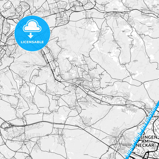 Esslingen am Neckar, Germany light map with streetnames, citynames and districts