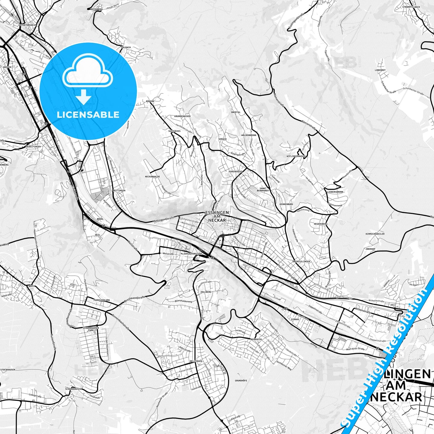 Esslingen am Neckar, Germany Light Map with Street Names, City Names, and Districts
