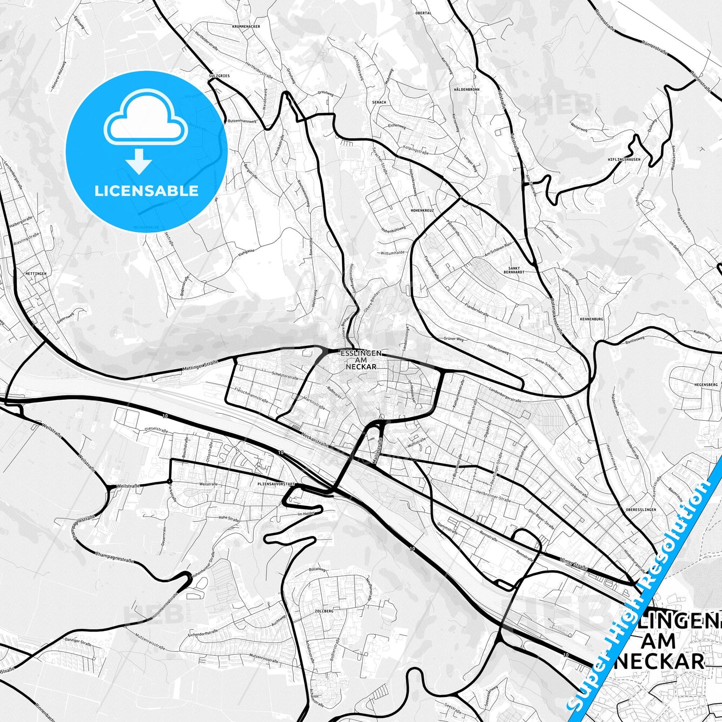 Esslingen am Neckar, Germany Light Map with Street Names, City Names, and Districts