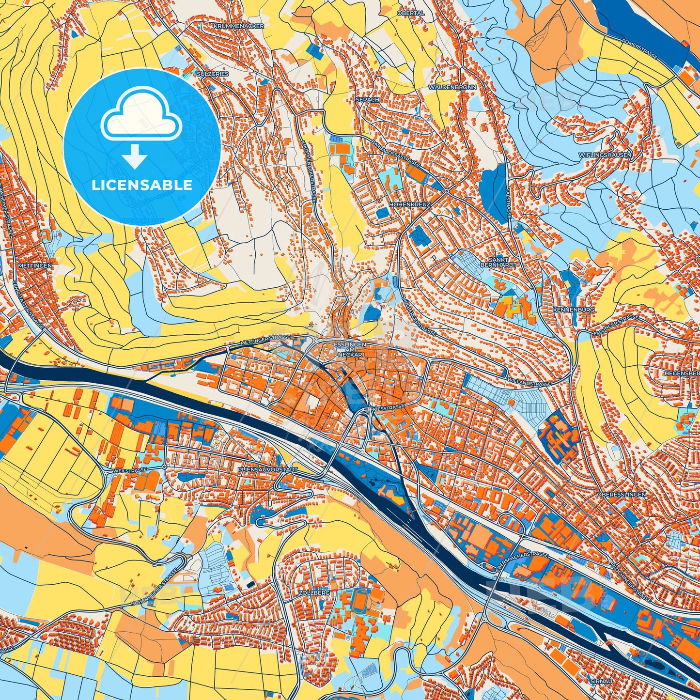 Colorful Esslingen am Neckar Street Map with Labels and Buildings