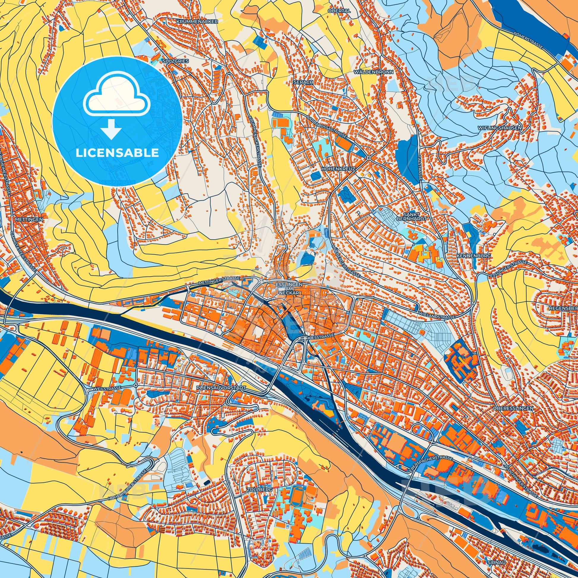 Colorful Esslingen am Neckar Street Map with Labels and Buildings