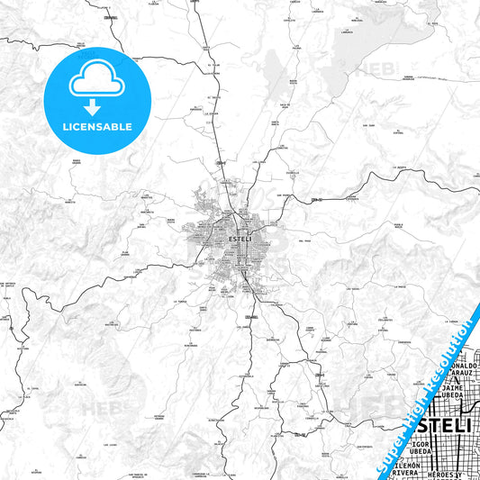 Esteli, Nicaragua light map with streetnames, citynames and districts