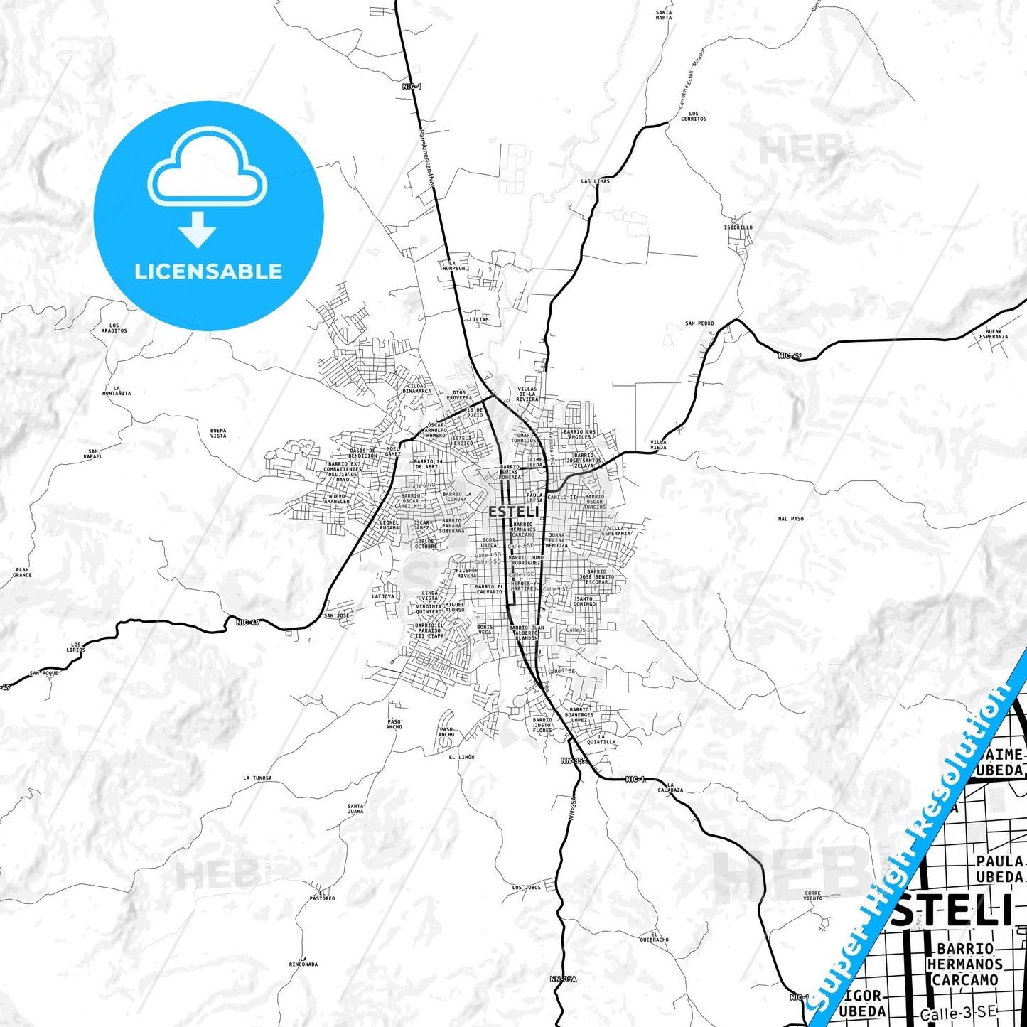 Esteli, Nicaragua Light Map with Street Names, City Names, and Districts