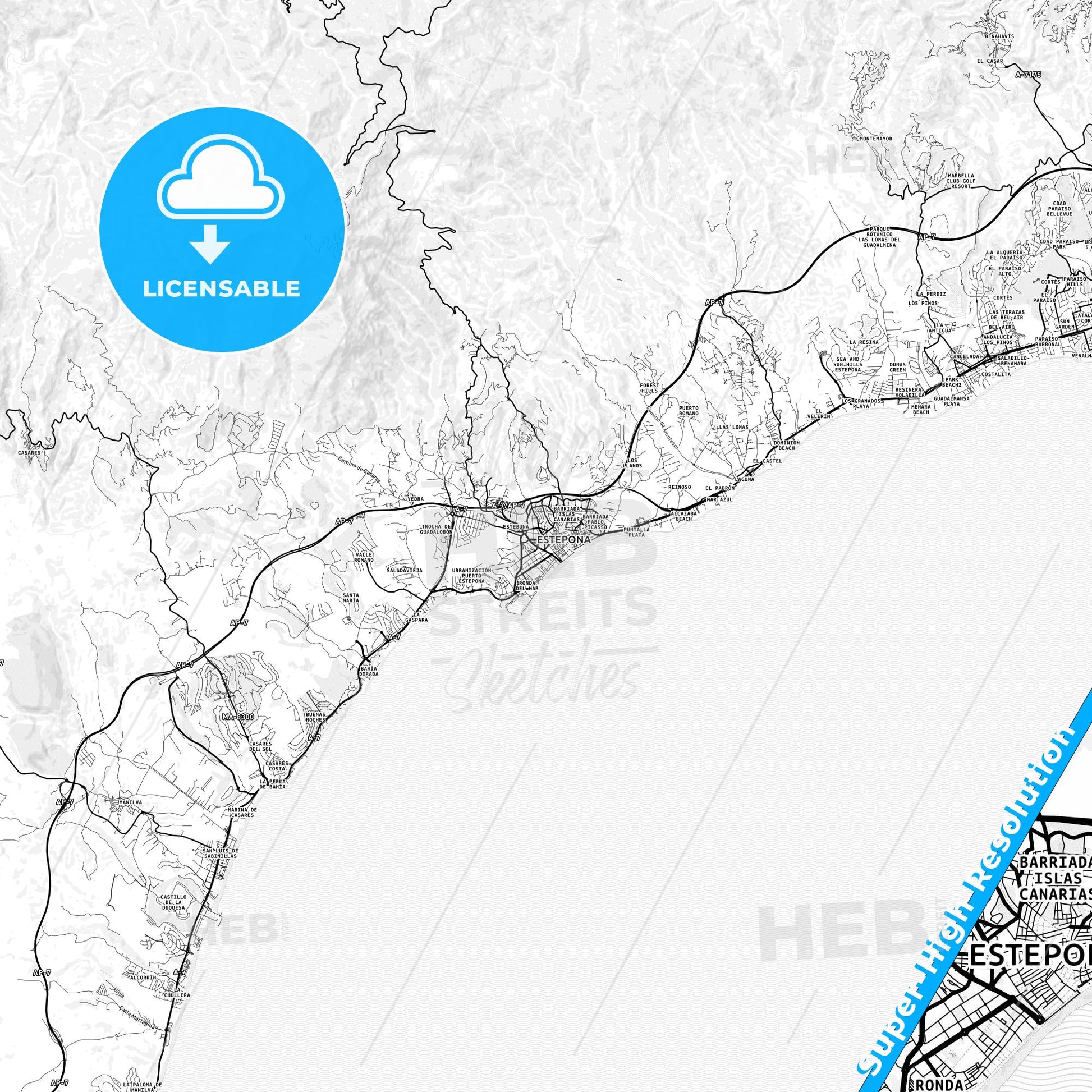 Estepona, Spain light map with streetnames, citynames and districts