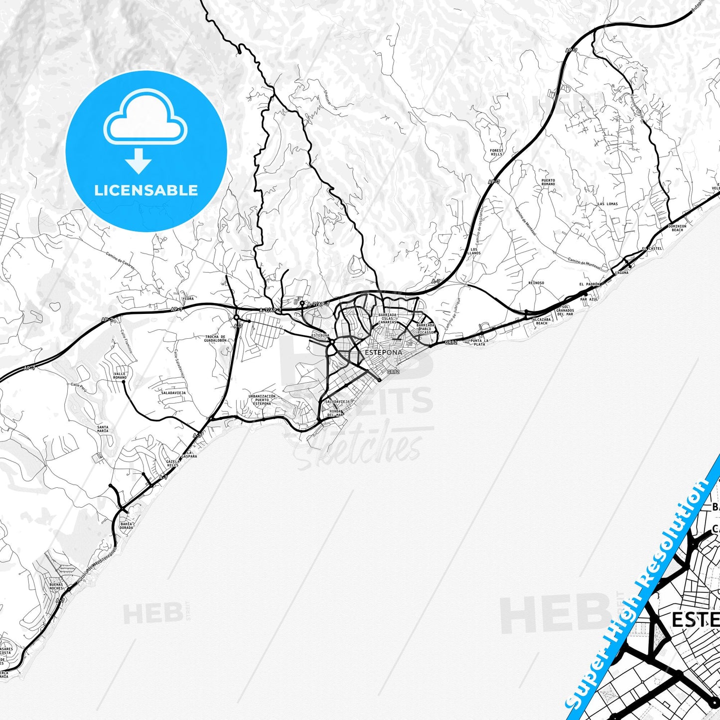 Estepona, Spain Light Map with Street Names, City Names, and Districts