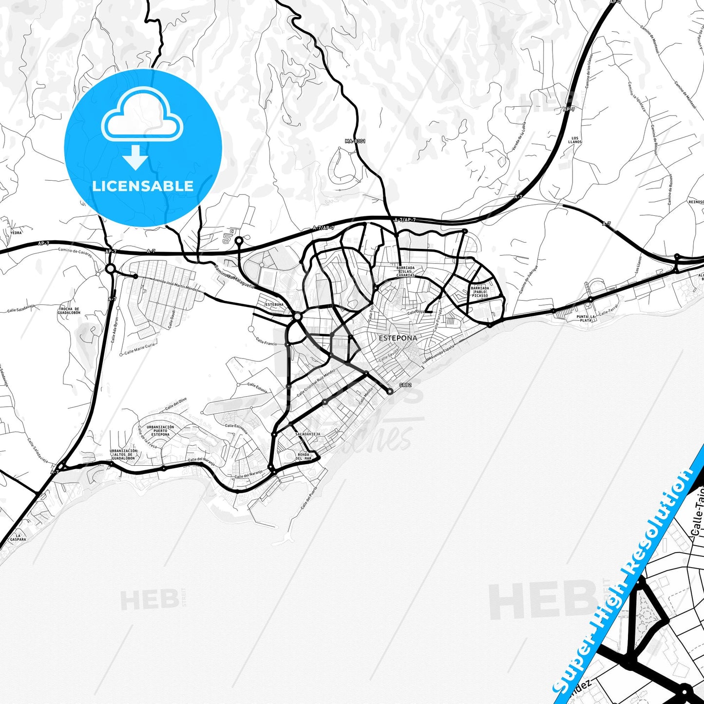 Estepona, Spain Light Map with Street Names, City Names, and Districts
