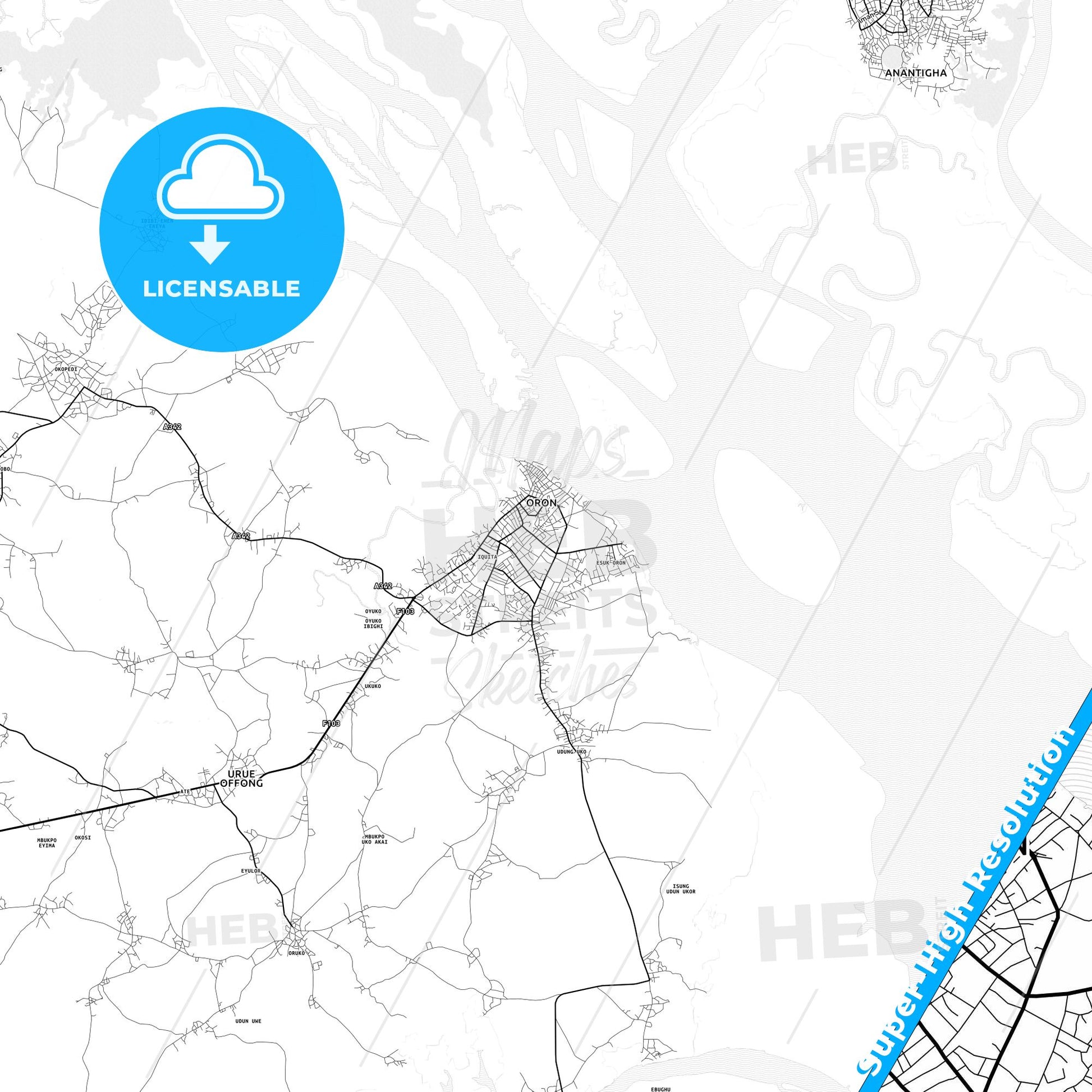 Esuk Oron, Nigeria light map with streetnames, citynames and districts