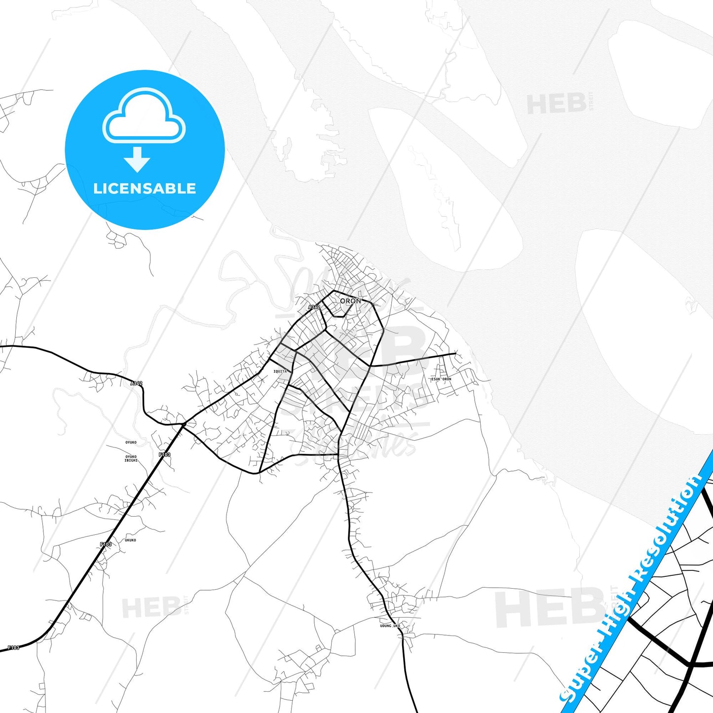 Esuk Oron, Nigeria Light Map with Street Names, City Names, and Districts