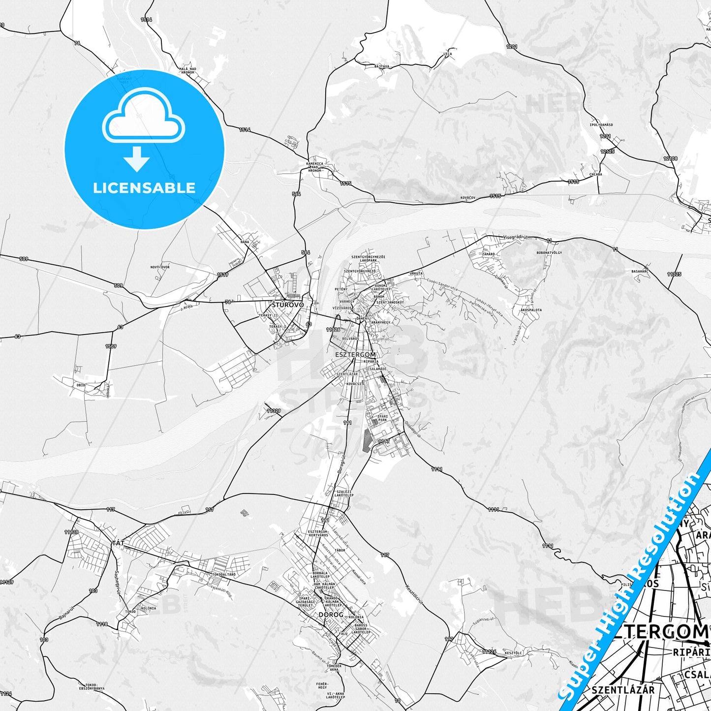 Esztergom, Hungary light map with streetnames, citynames and districts