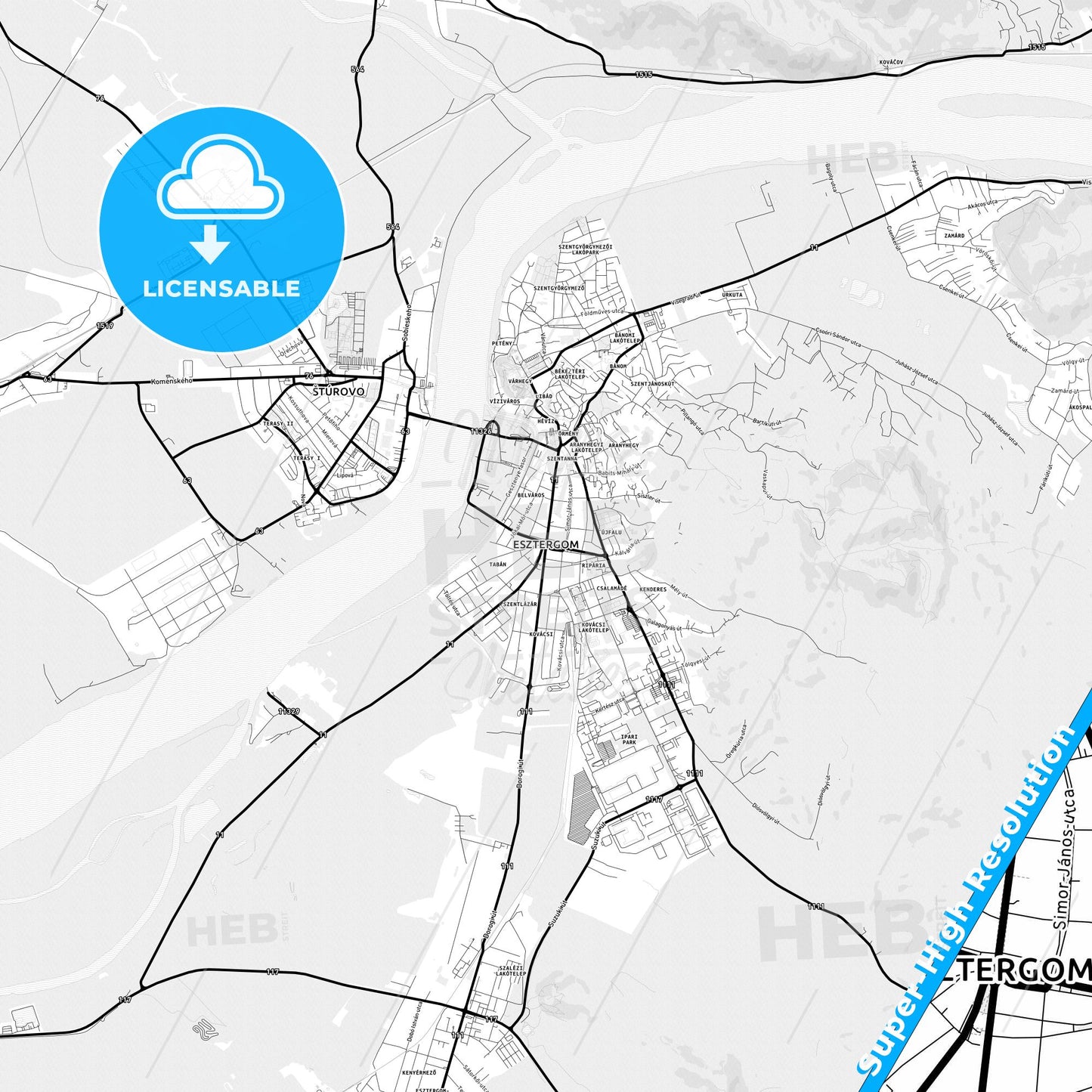 Esztergom, Hungary Light Map with Street Names, City Names, and Districts
