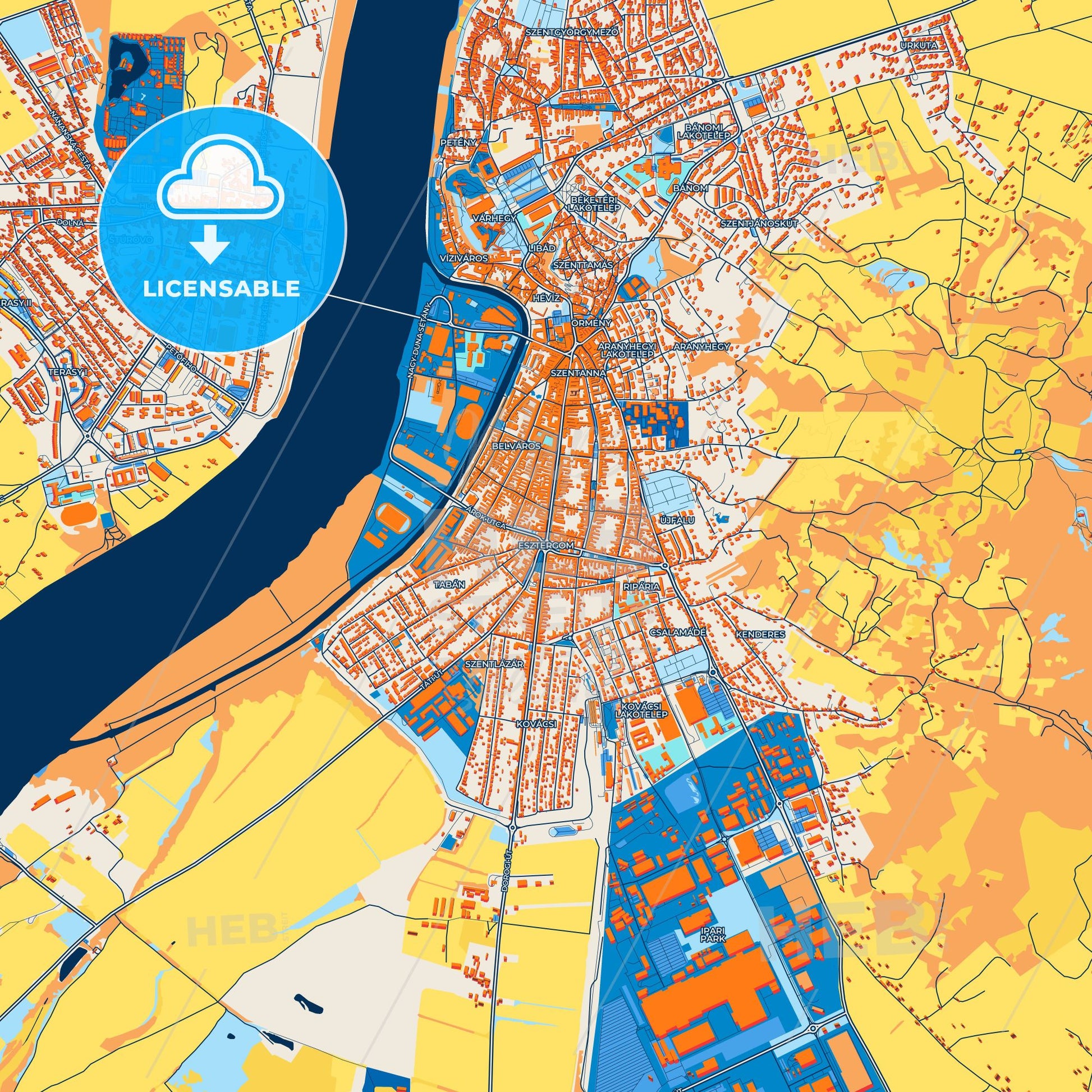 Colorful Esztergom Street Map with Labels and Buildings