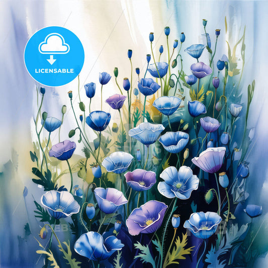 Ethereal Blue Poppies: A Serene Watercolor Floral Symphony in Gradient Harmony