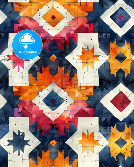 Vibrant Watercolor Painting with Ethnic Patterns in Flat Style