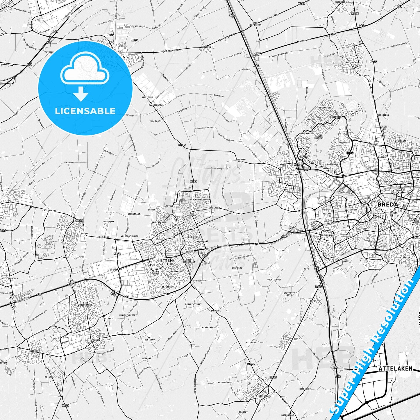 Etten-Leur, Netherlands light map with streetnames, citynames and districts