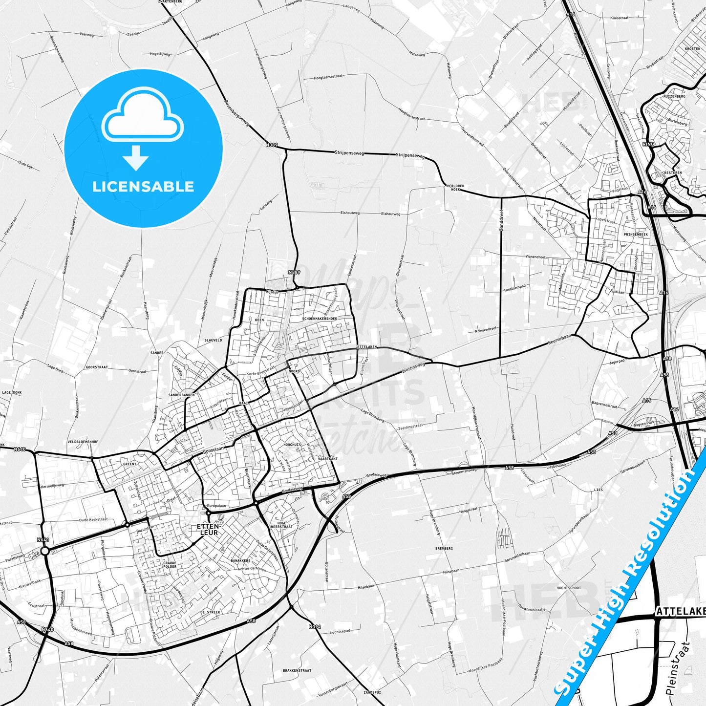 Etten-Leur, Netherlands Light Map with Street Names, City Names, and Districts