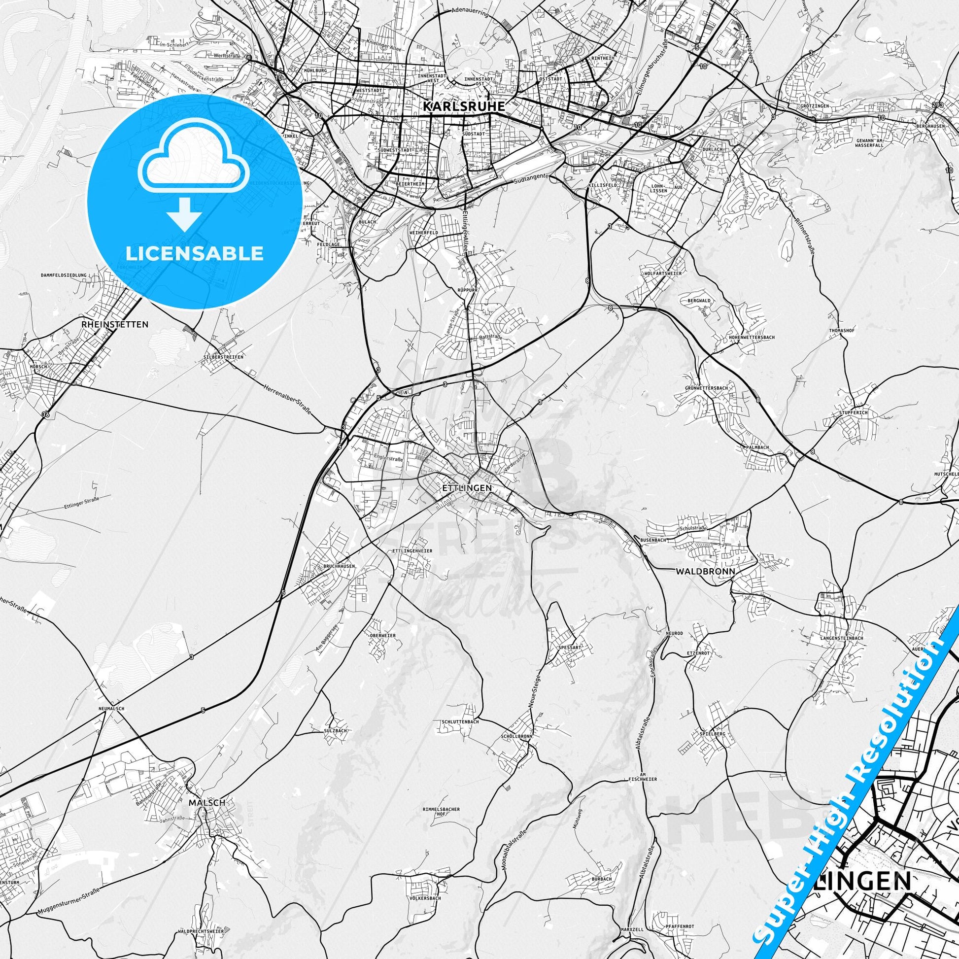 Ettlingen, Germany light map with streetnames, citynames and districts