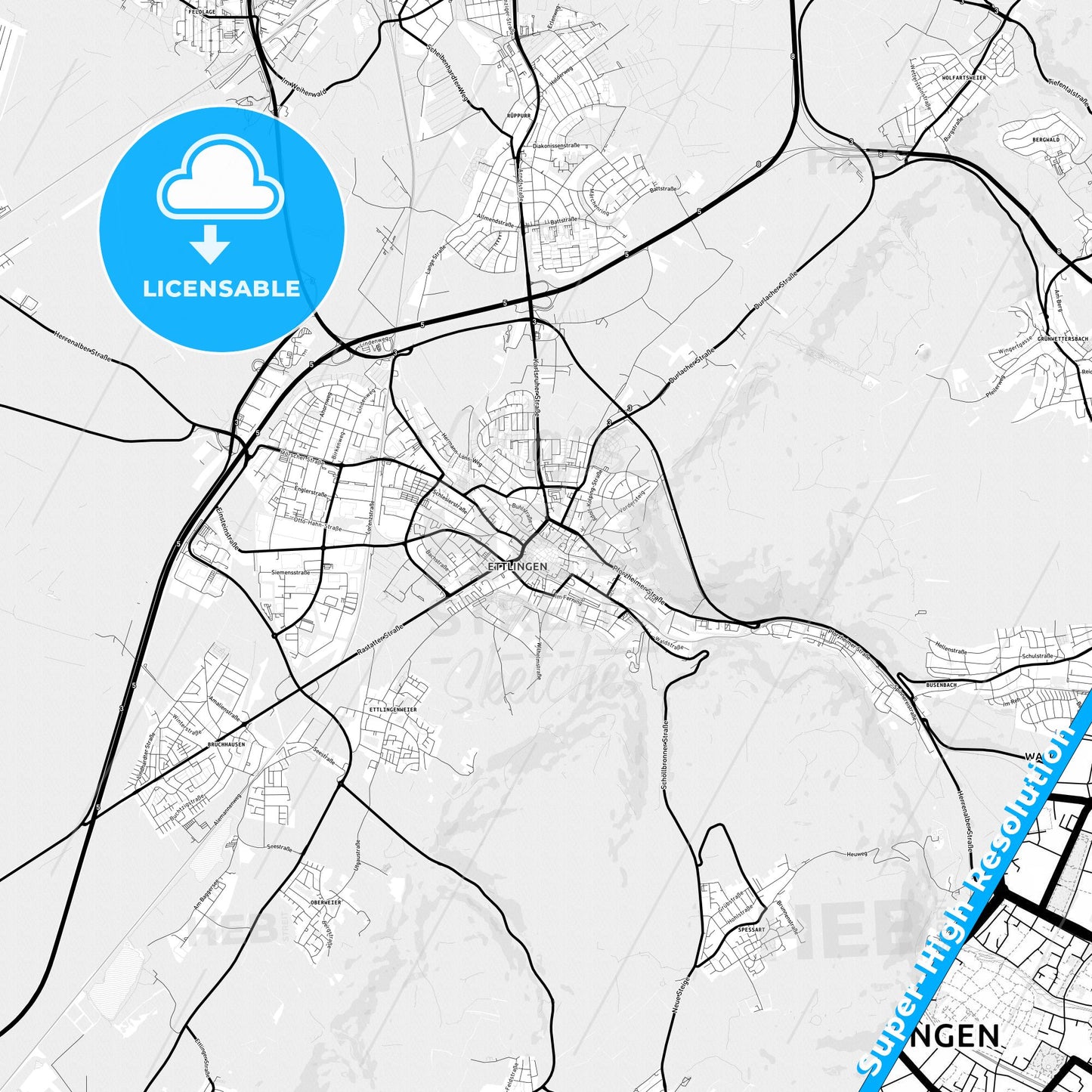Ettlingen, Germany Light Map with Street Names, City Names, and Districts
