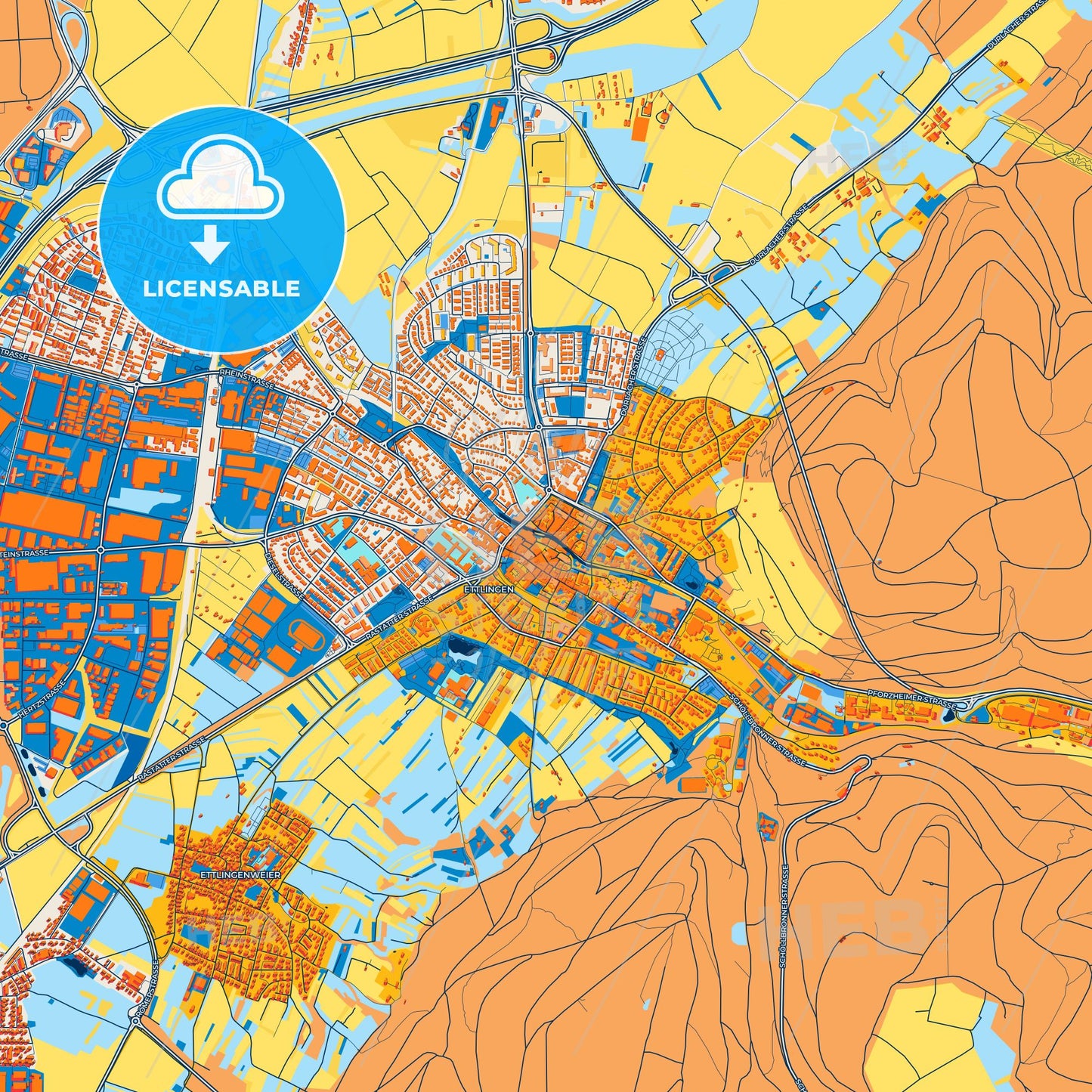 Colorful Ettlingen Street Map with Labels and Buildings