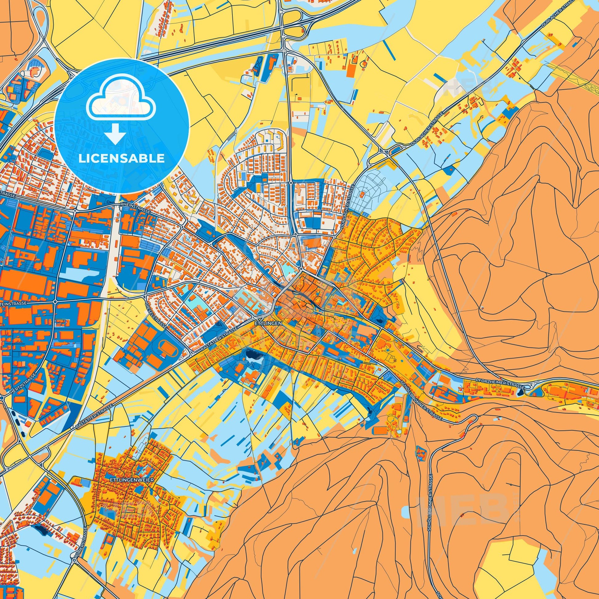 Colorful Ettlingen Street Map with Labels and Buildings