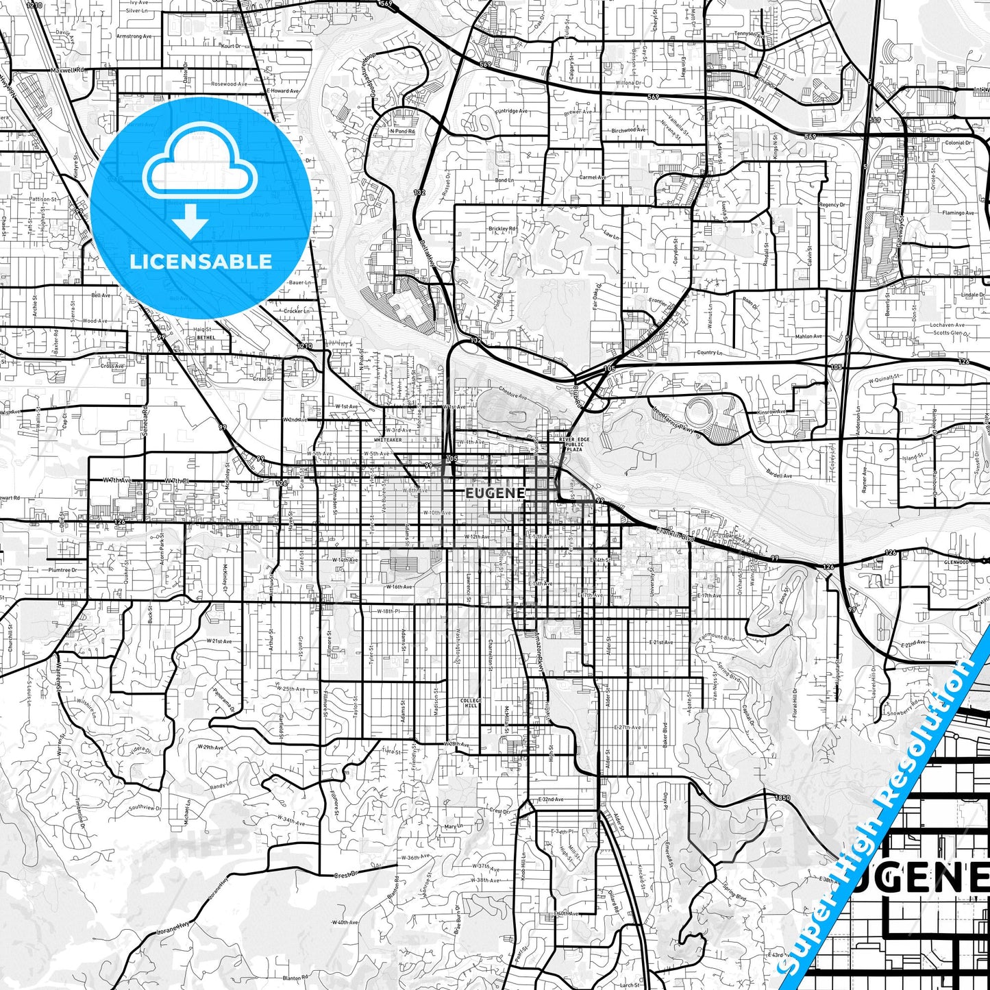 Eugene, Oregon Light Map with Street Names, City Names, and Districts