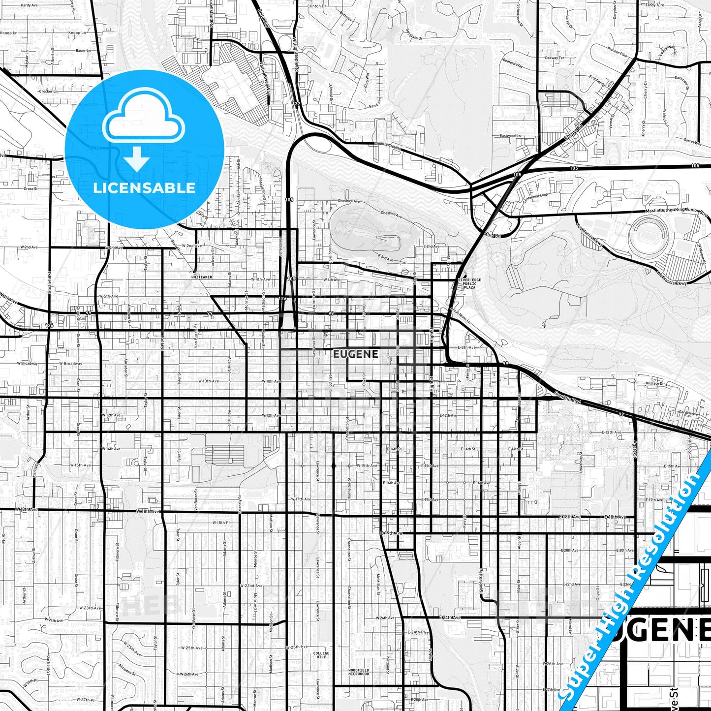 Eugene, Oregon Light Map with Street Names, City Names, and Districts