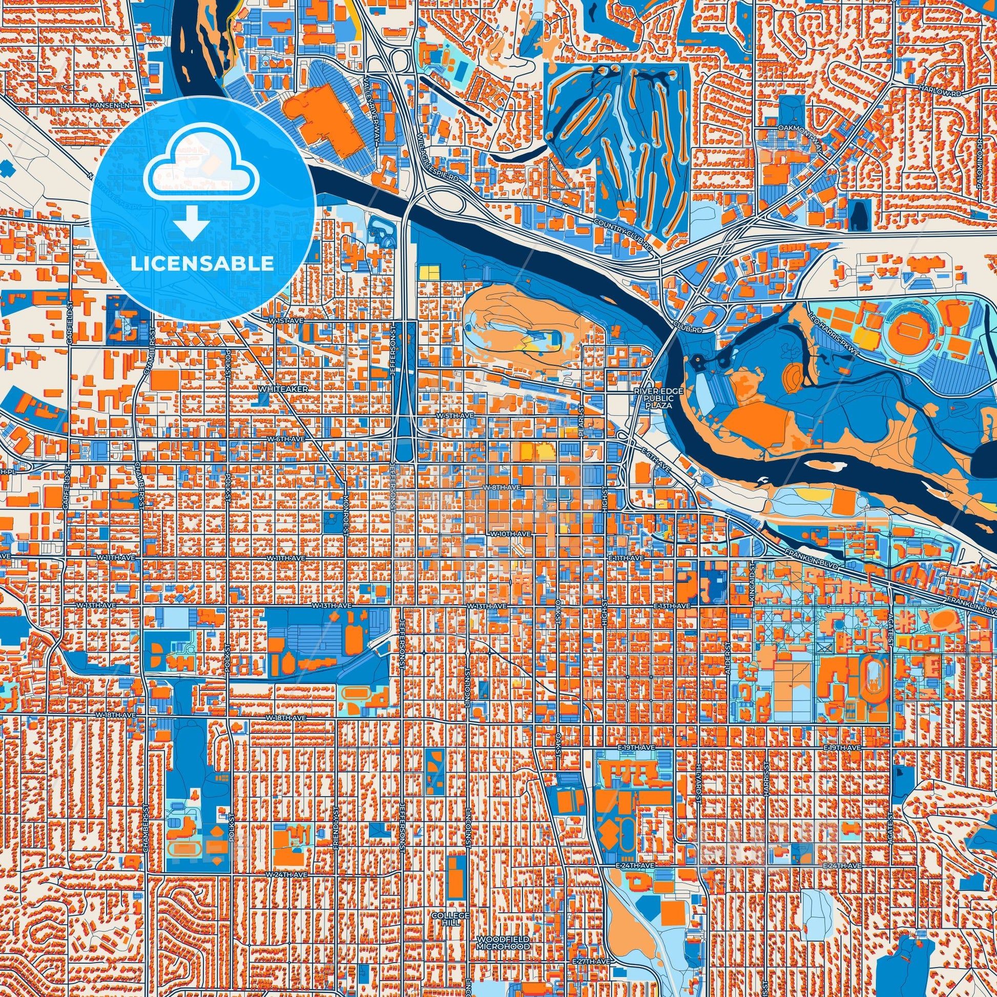 Colorful Eugene Street Map with Labels and Buildings