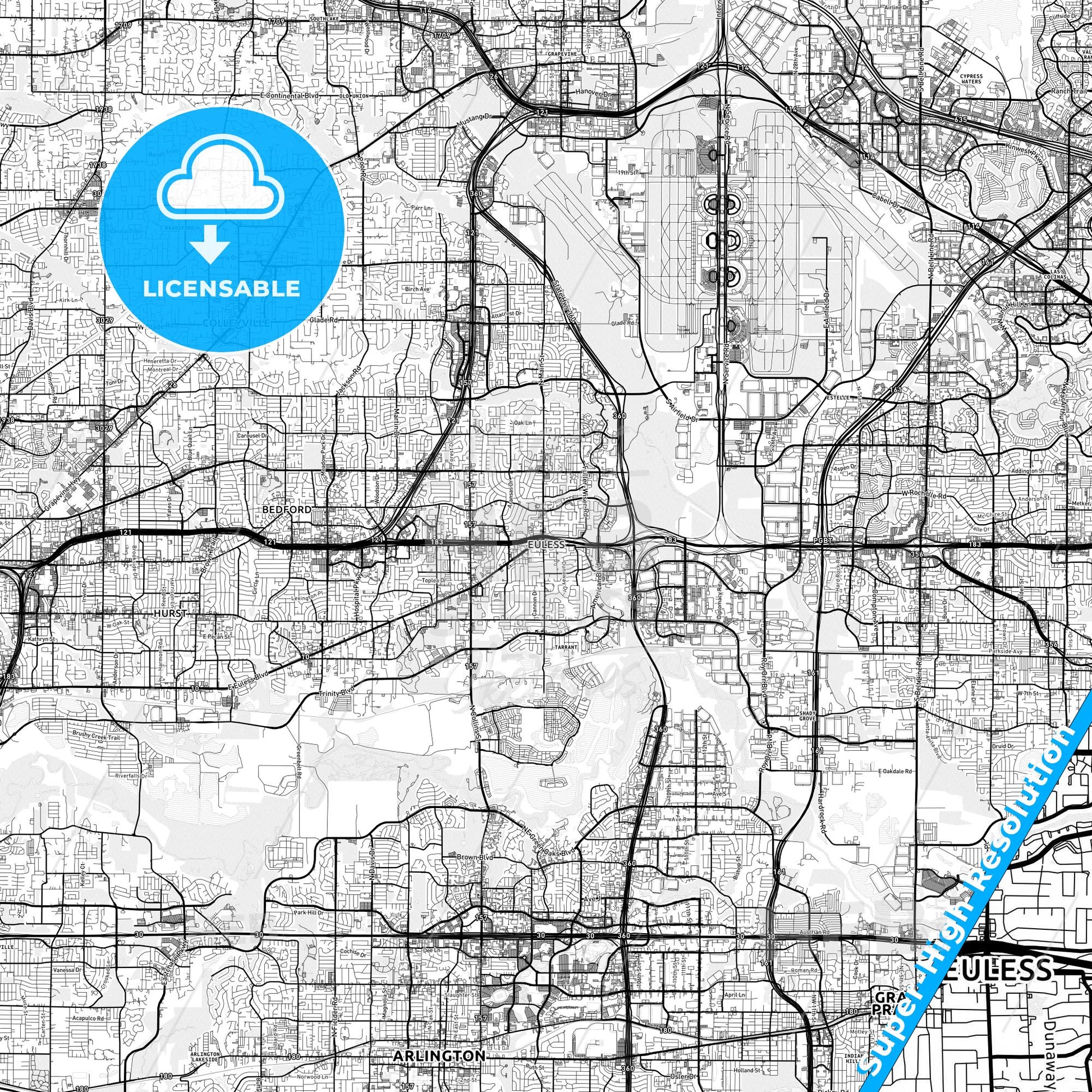Euless, Texas light map with streetnames, citynames and districts