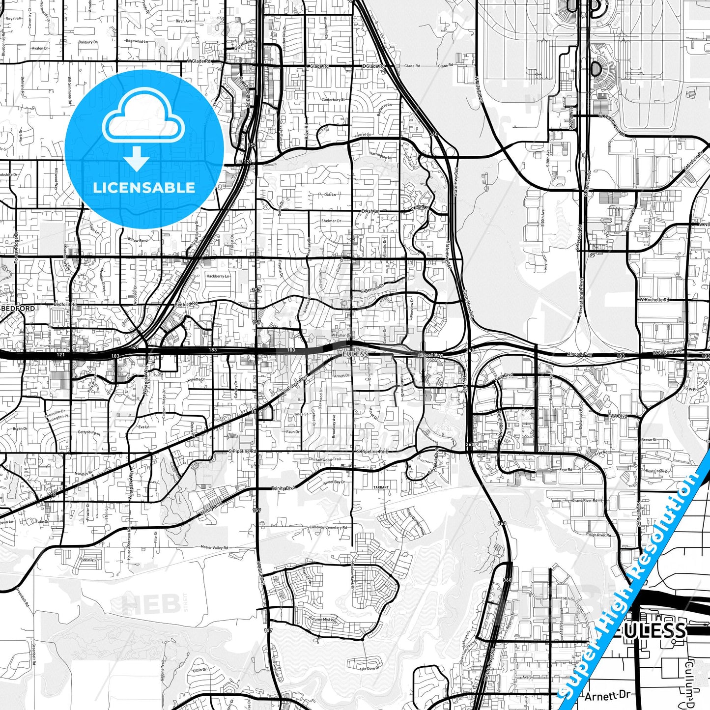 Euless, Texas Light Map with Street Names, City Names, and Districts
