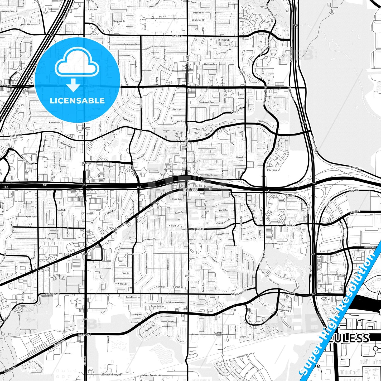 Euless, Texas Light Map with Street Names, City Names, and Districts