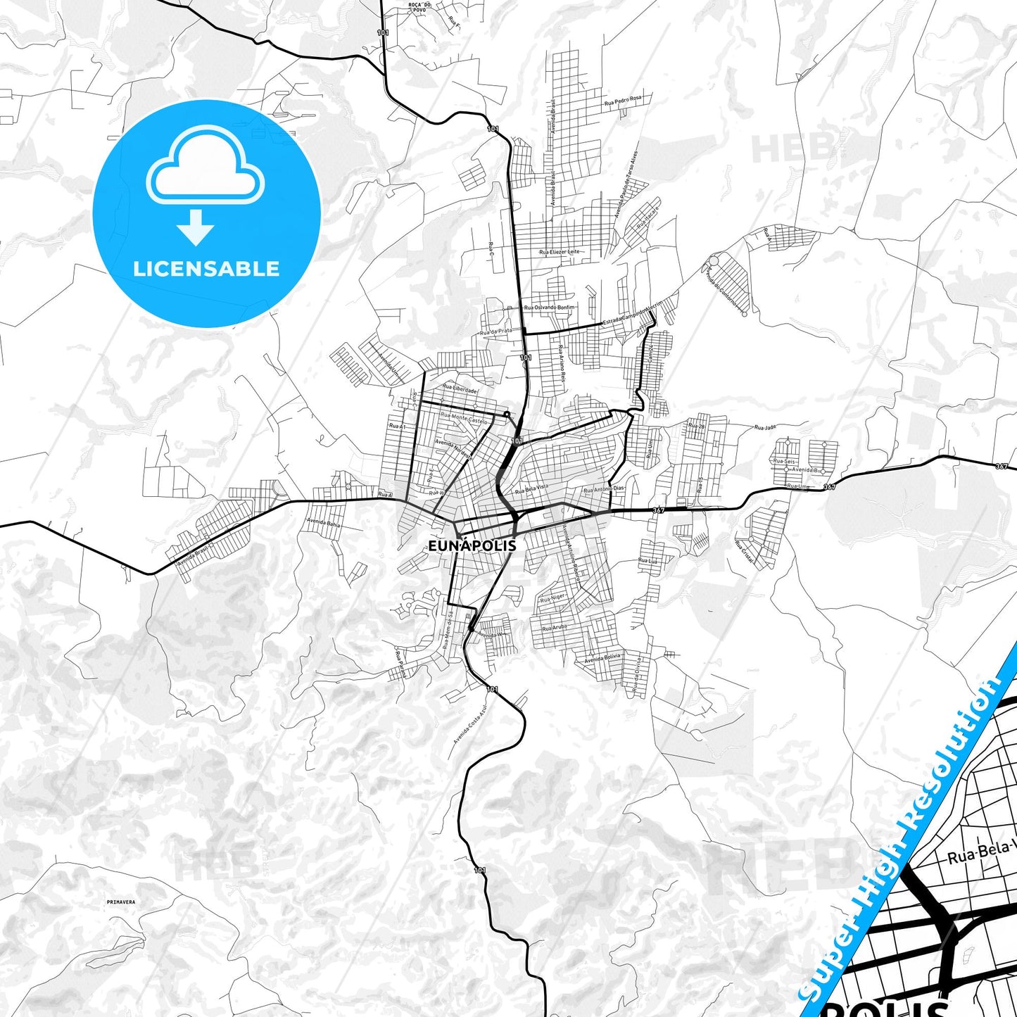 Eunapolis, Brazil Light Map with Street Names, City Names, and Districts