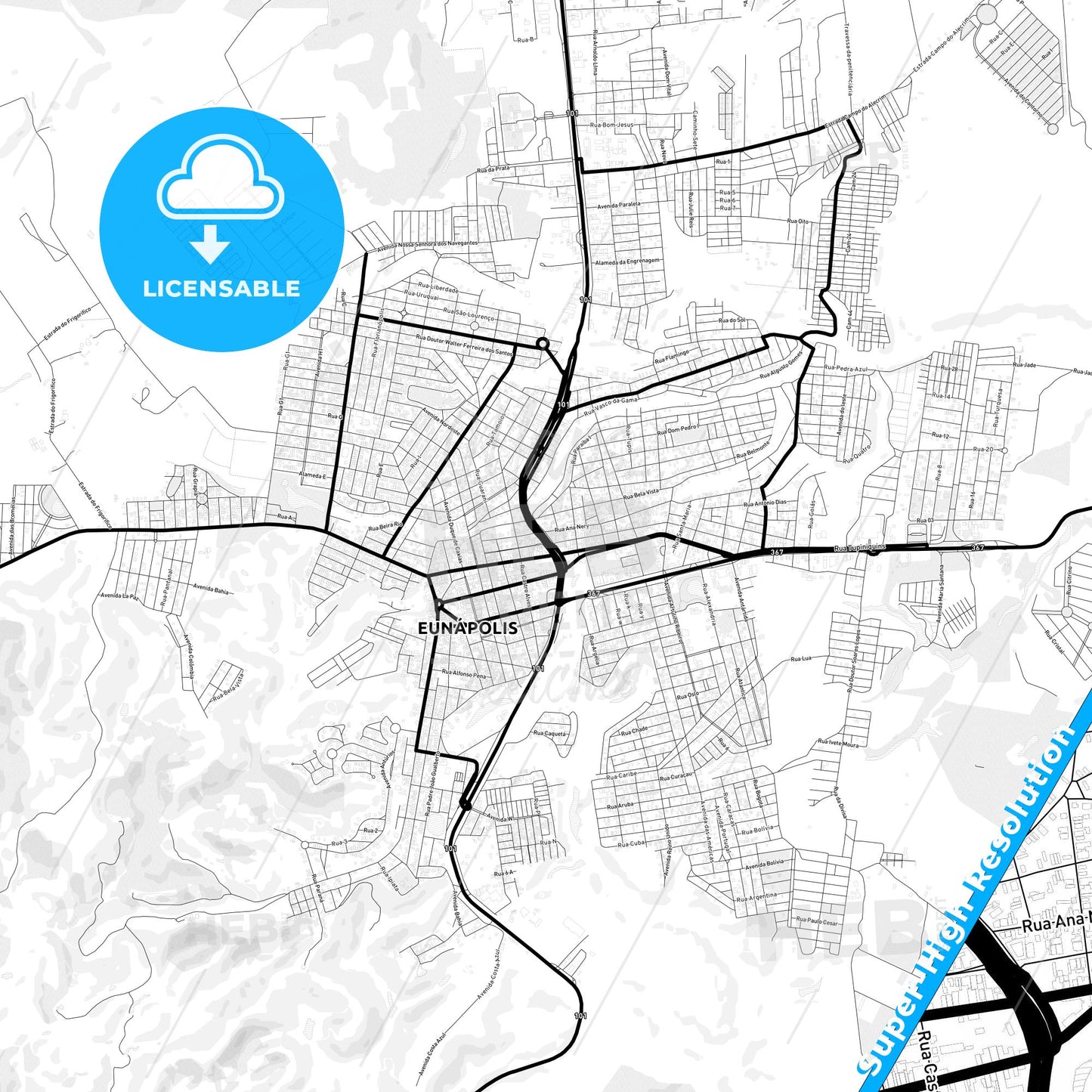 Eunapolis, Brazil Light Map with Street Names, City Names, and Districts