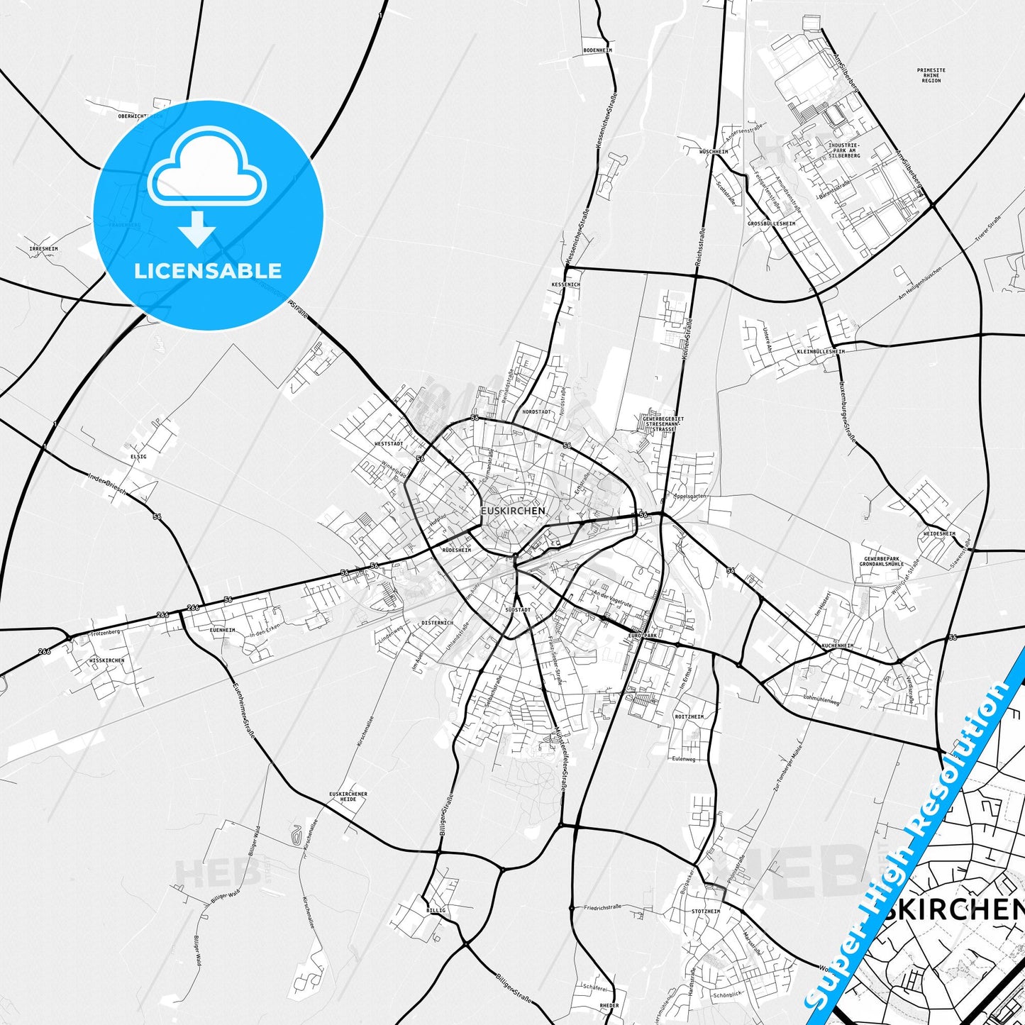 Euskirchen, Germany Light Map with Street Names, City Names, and Districts