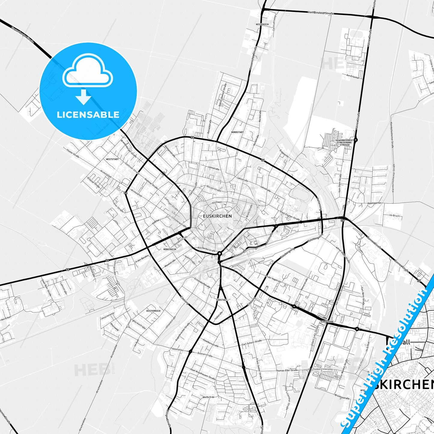 Euskirchen, Germany Light Map with Street Names, City Names, and Districts