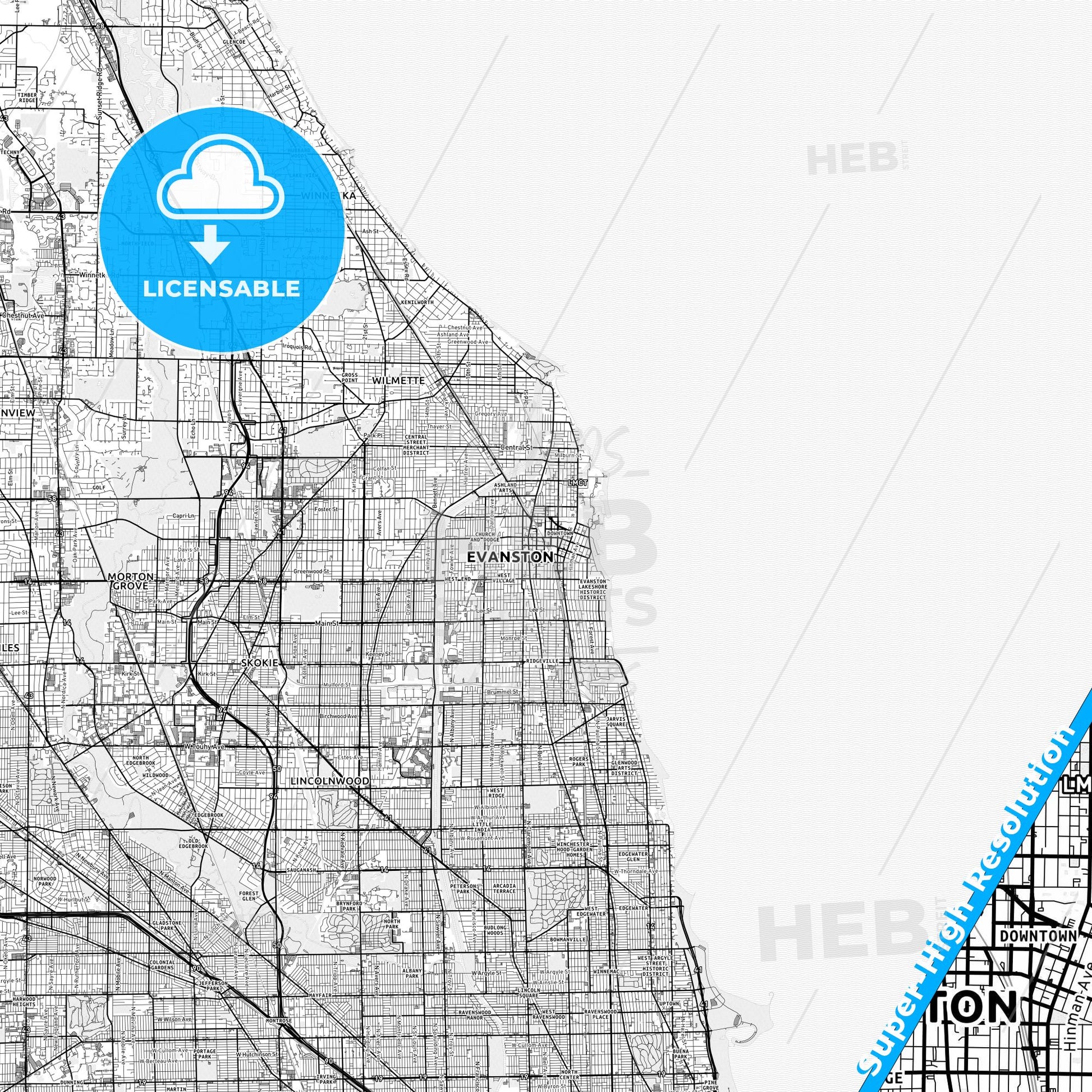 Evanston, Illinois light map with streetnames, citynames and districts