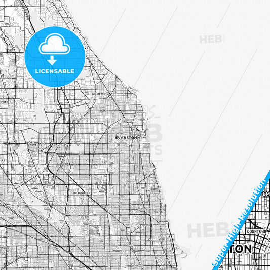 Evanston, Illinois light map with streetnames, citynames and districts