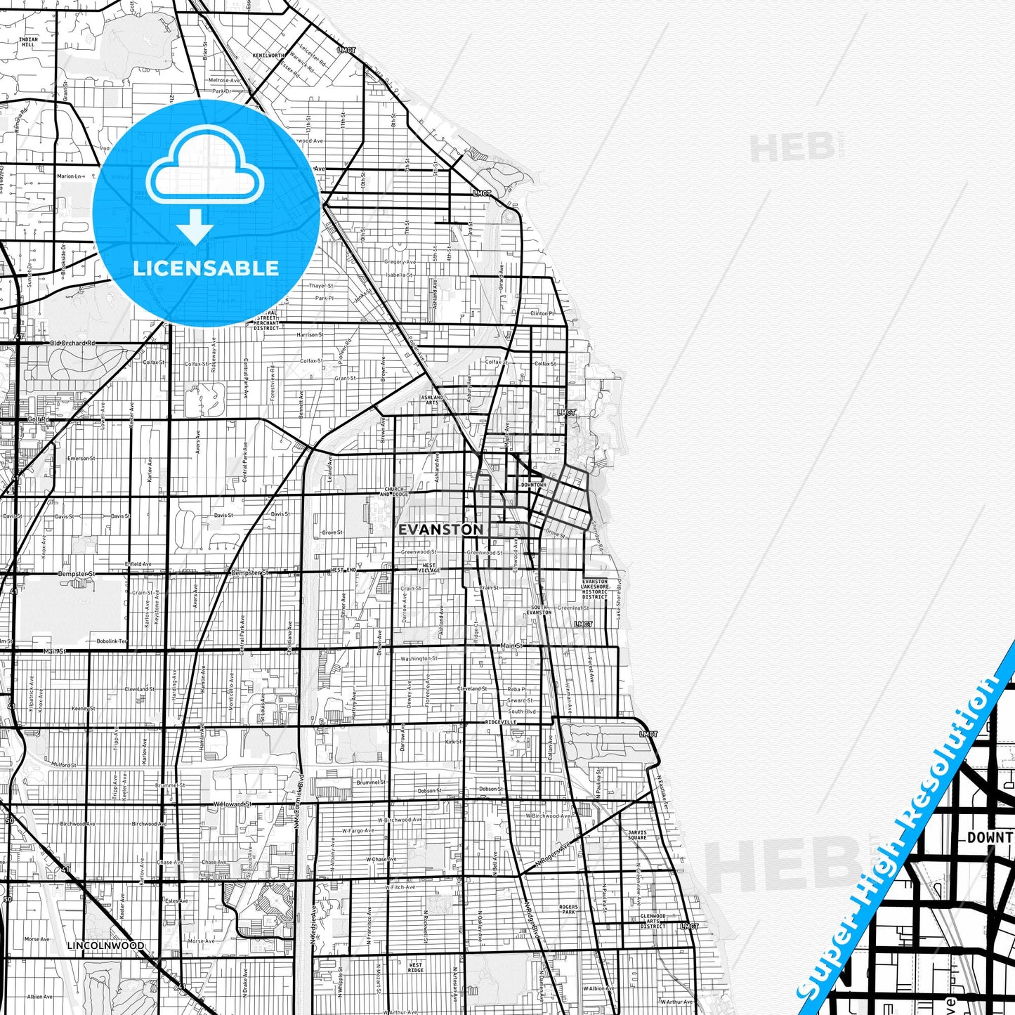 Evanston, Illinois Light Map with Street Names, City Names, and Districts