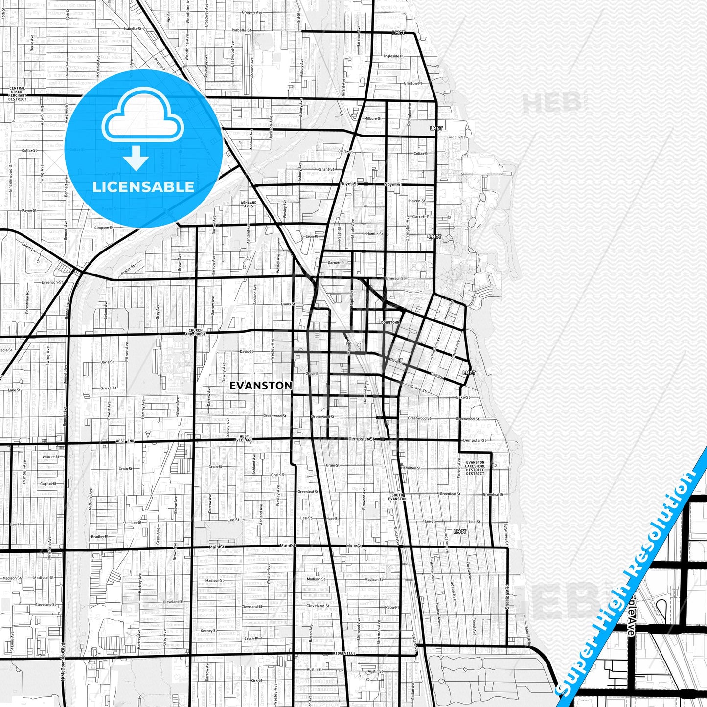 Evanston, Illinois Light Map with Street Names, City Names, and Districts