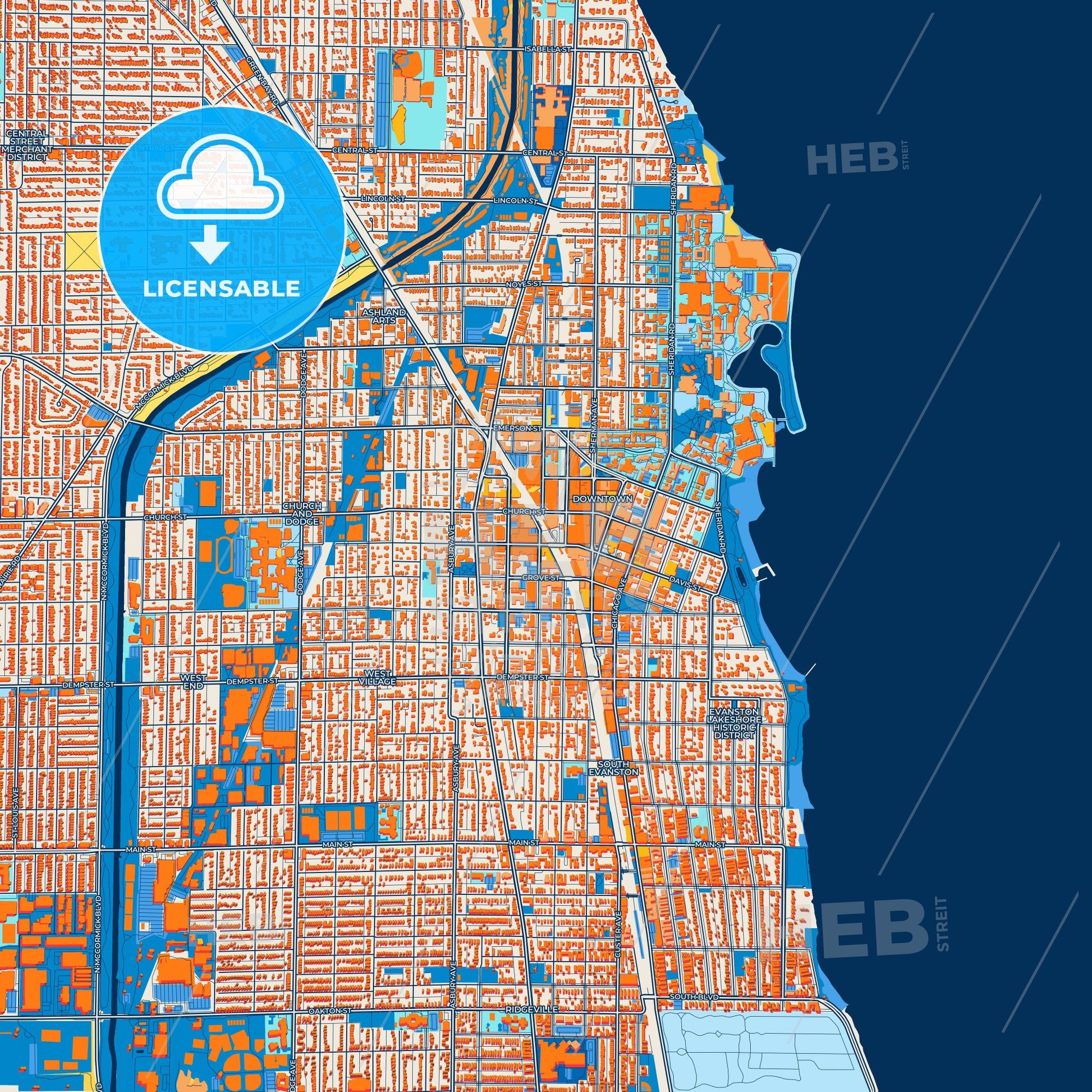 Colorful Evanston Street Map with Labels and Buildings