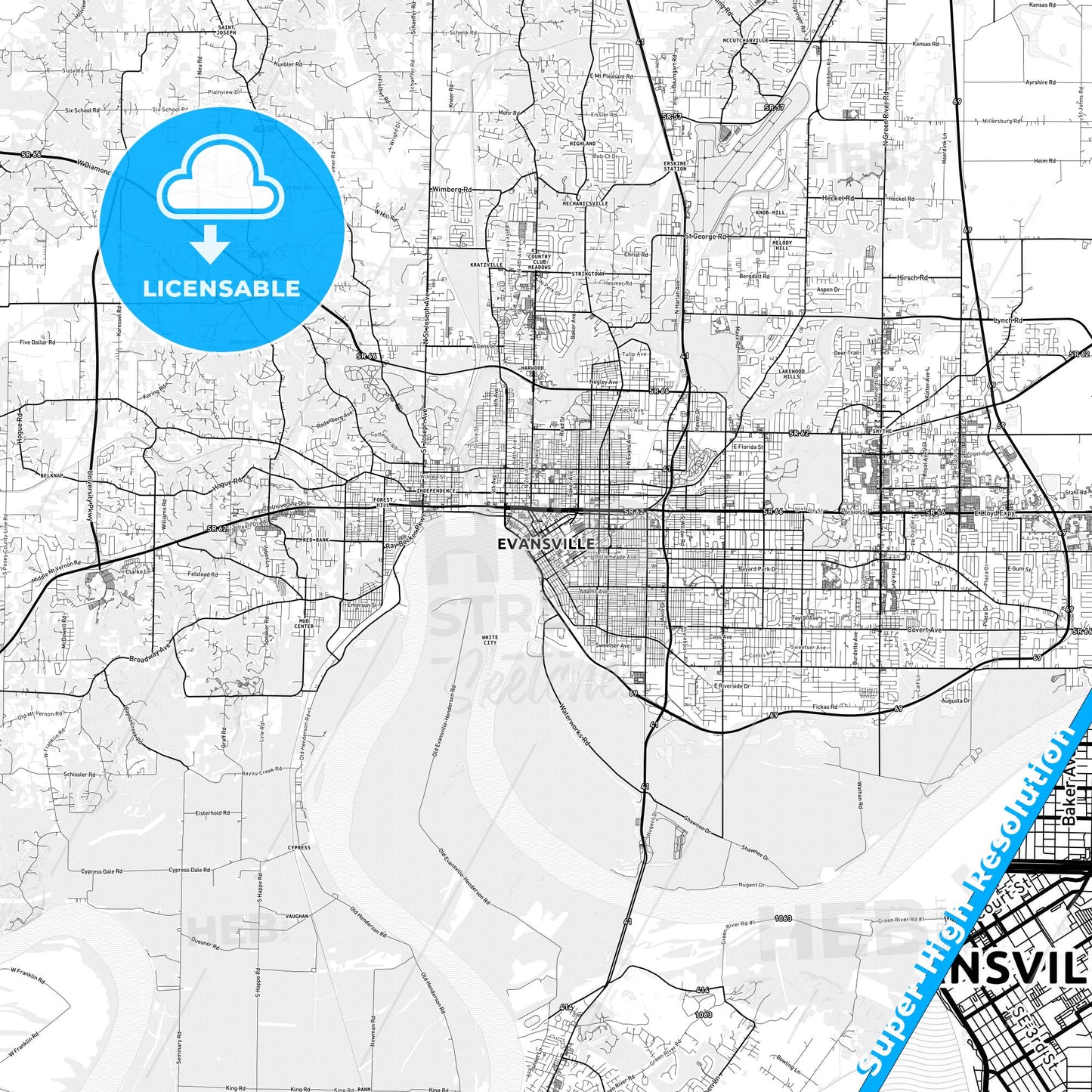Evansville, Indiana light map with streetnames, citynames and districts