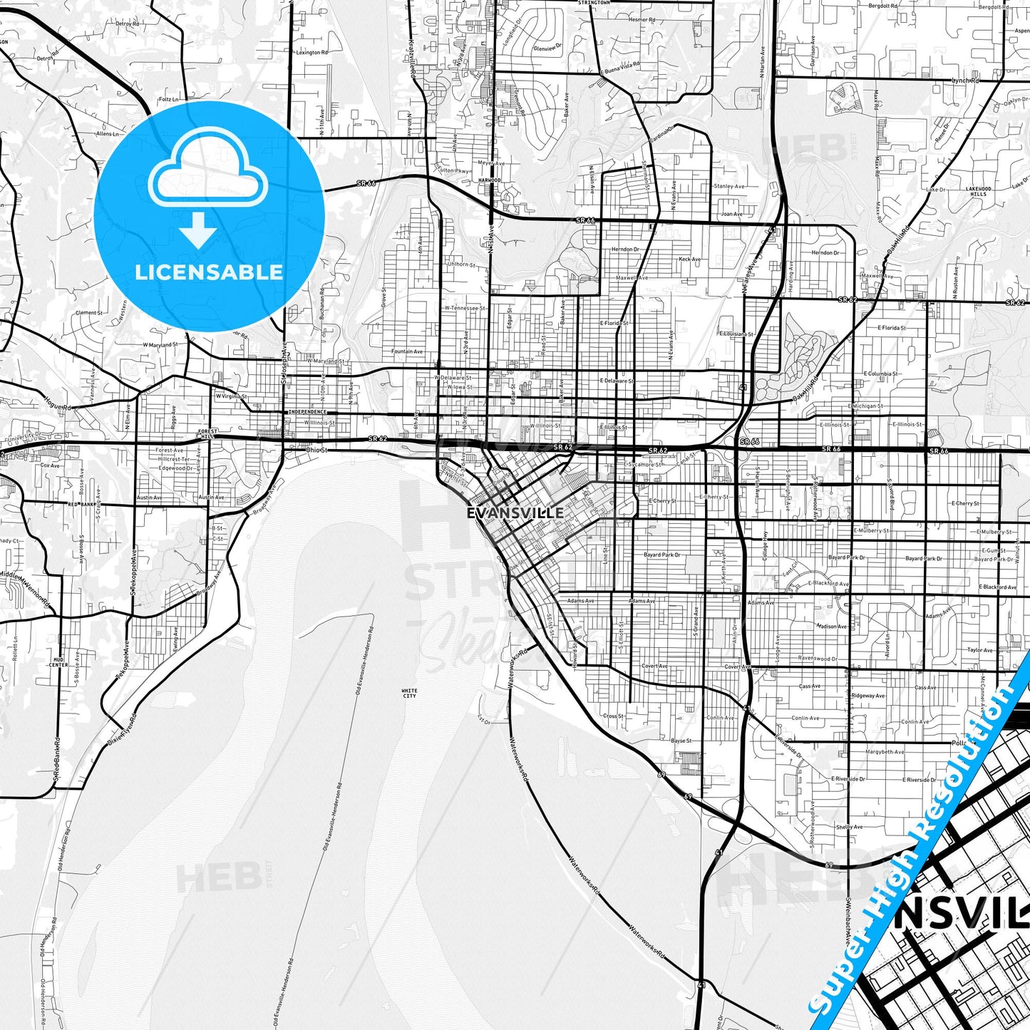 Evansville, Indiana Light Map with Street Names, City Names, and Districts