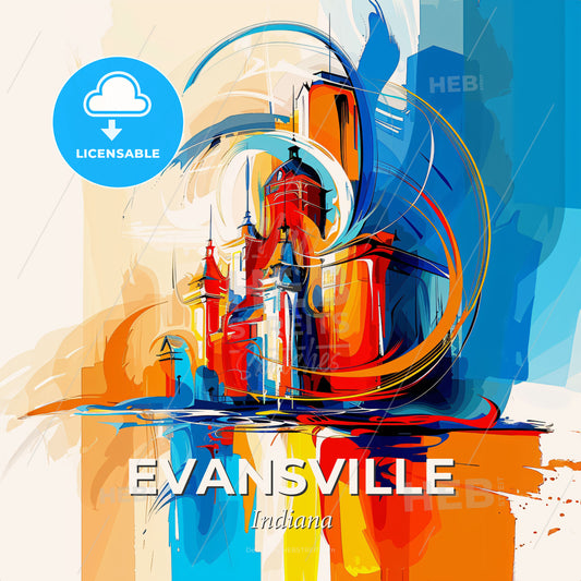 Vibrant Evansville, Indiana - A Colorful Painting Of A Castle - Square format print template
