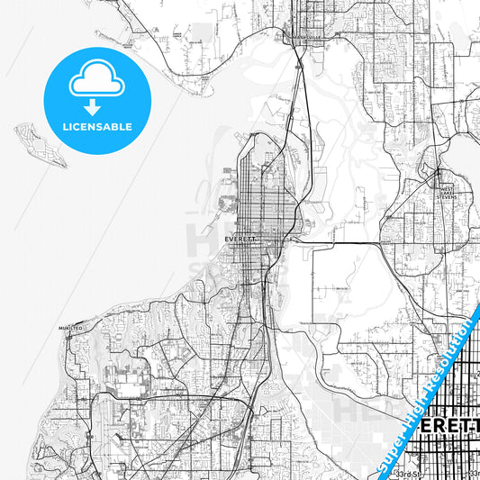 Everett, Washington light map with streetnames, citynames and districts