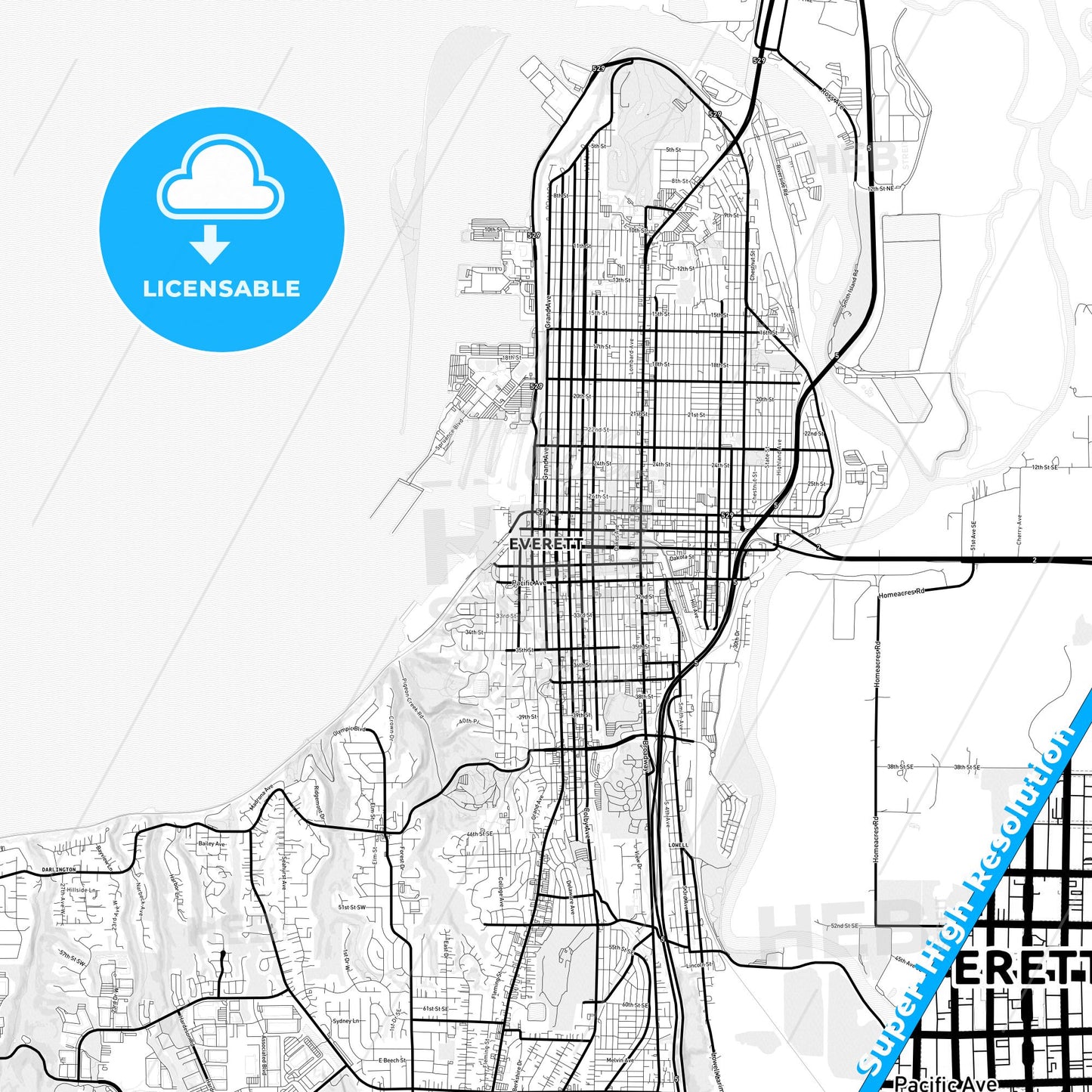 Everett, Washington Light Map with Street Names, City Names, and Districts