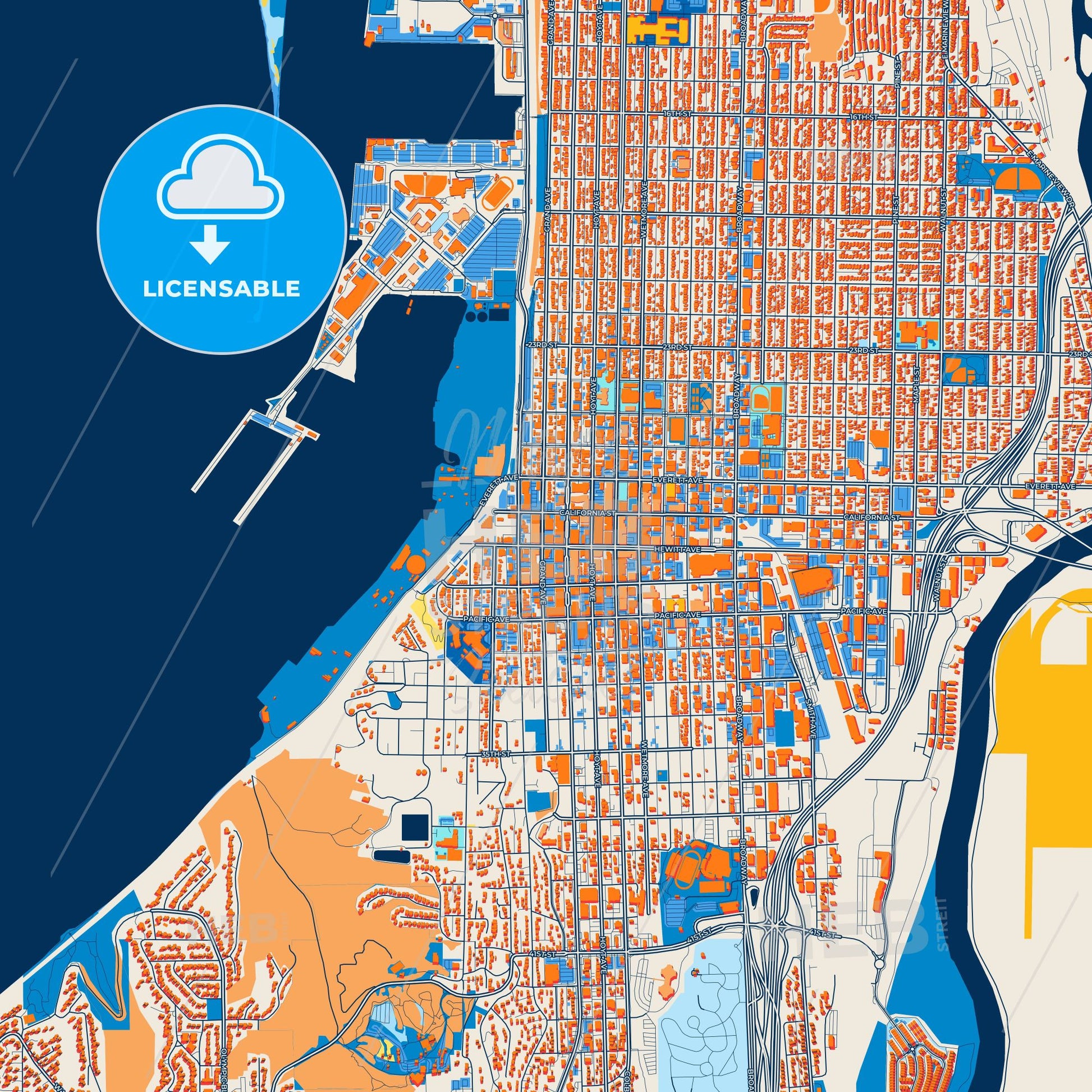 Colorful Everett Street Map with Labels and Buildings