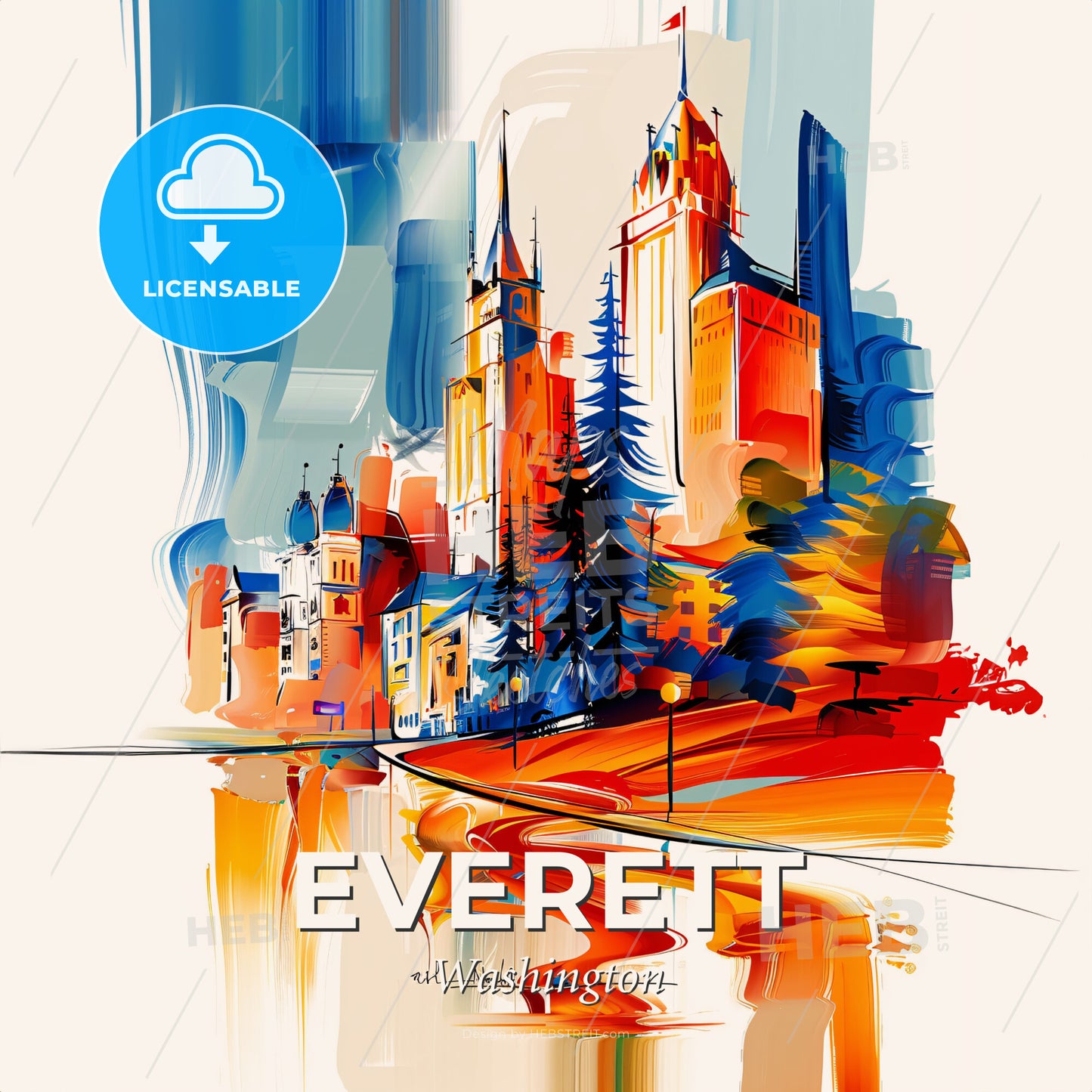 Vibrant Everett, Washington - A Painting Of A City - Square format print template