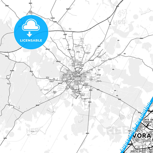 Évora, Portugal light map with streetnames, citynames and districts