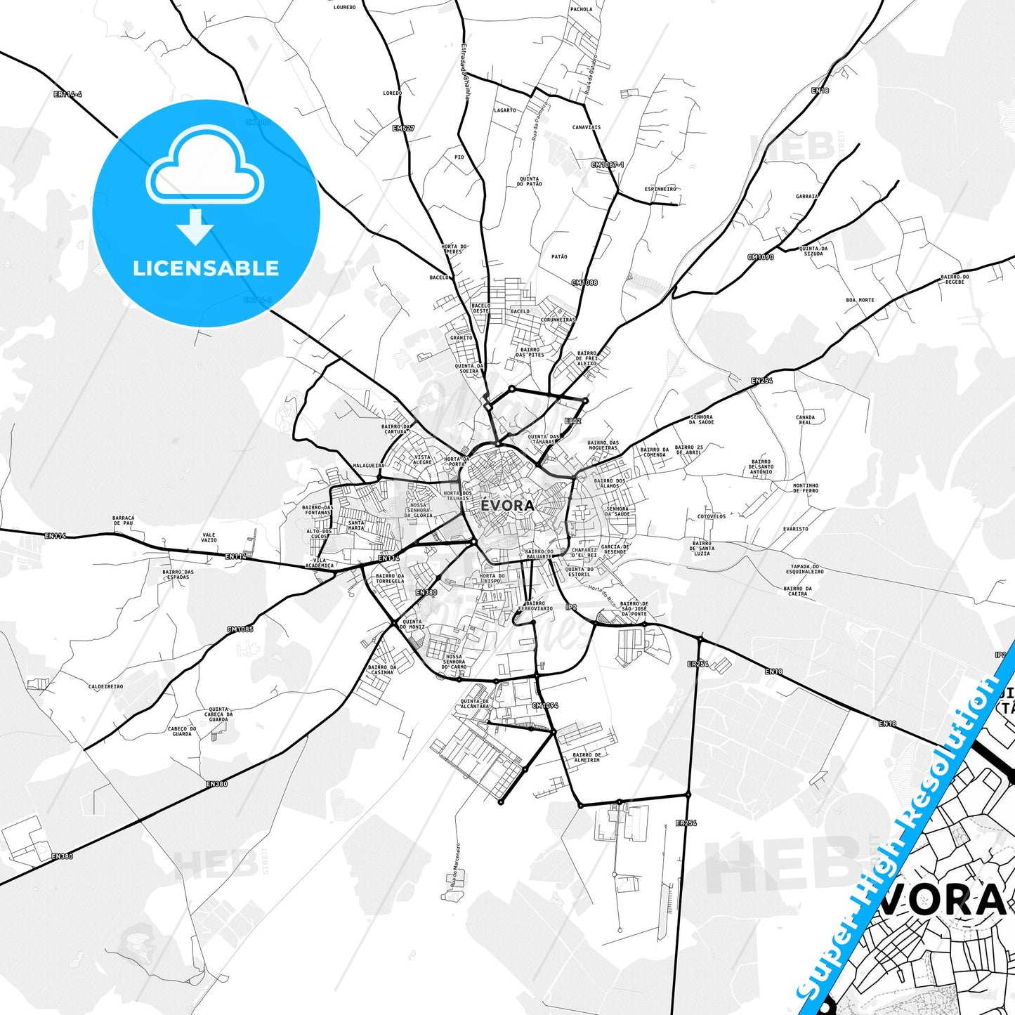 Évora, Portugal Light Map with Street Names, City Names, and Districts
