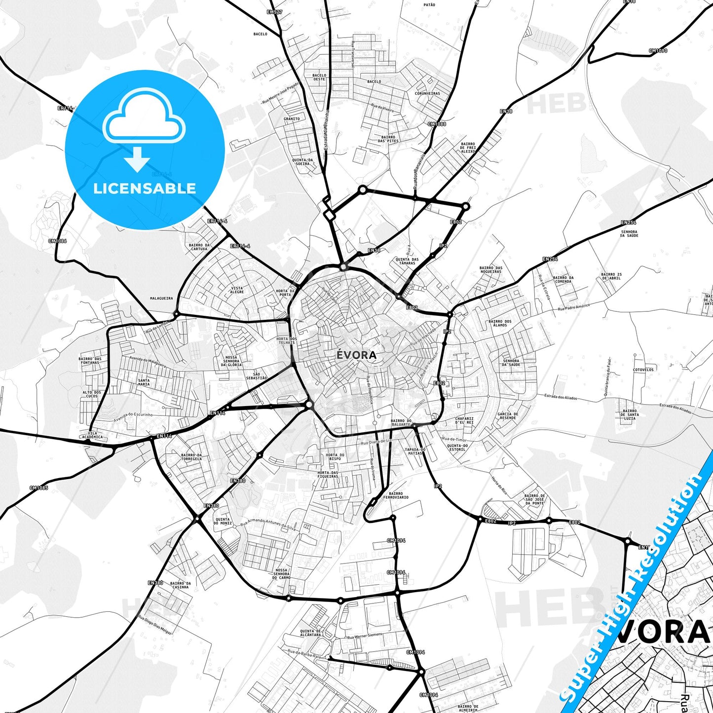 Évora, Portugal Light Map with Street Names, City Names, and Districts