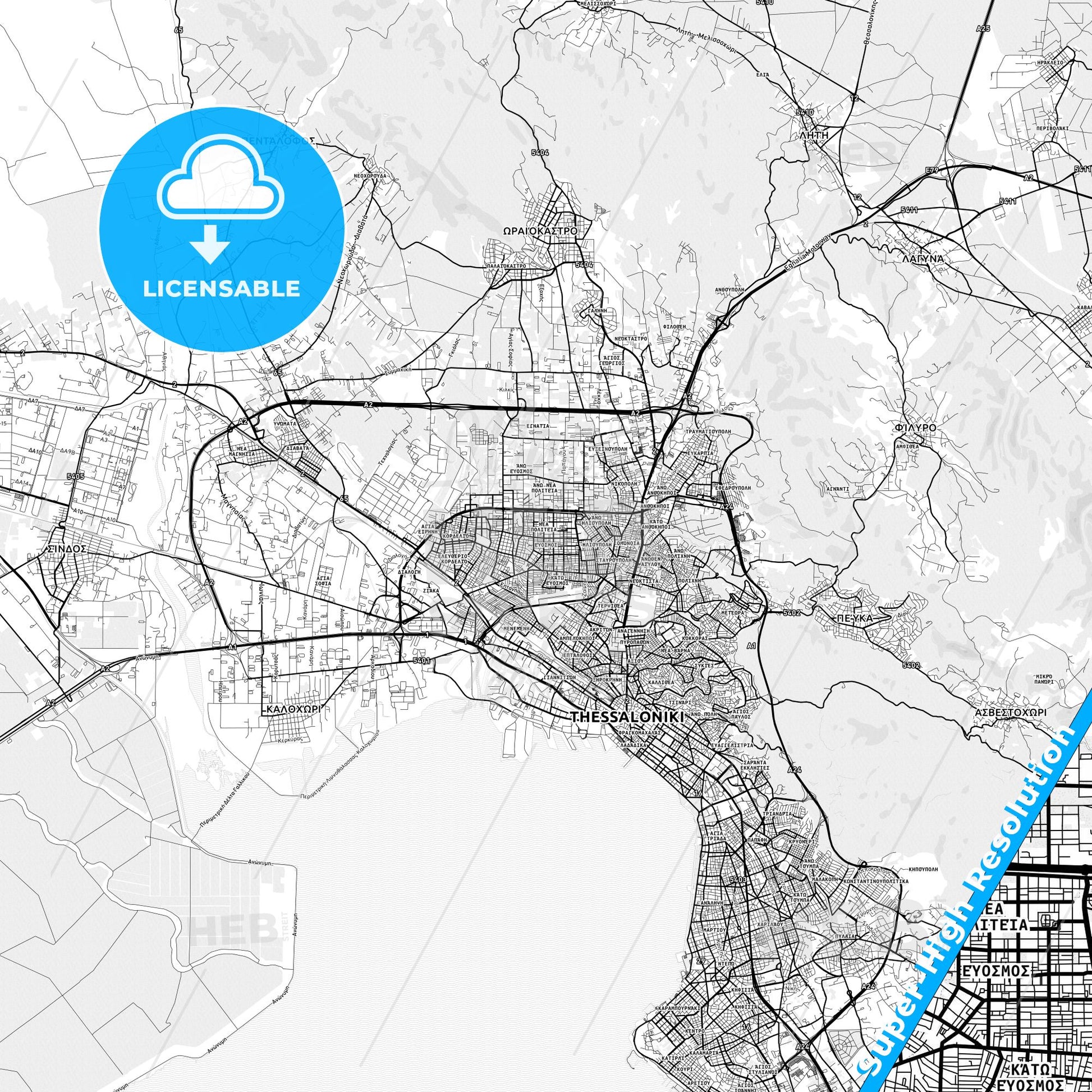 Evosmos, Greece light map with streetnames, citynames and districts